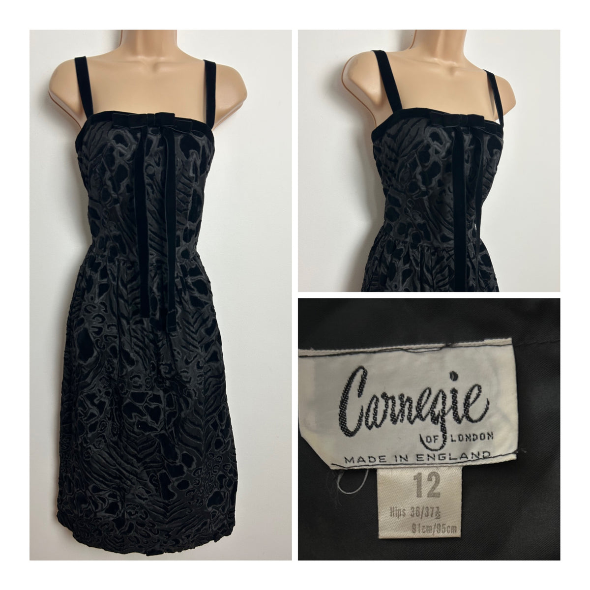 Vintage Early 1960s CARNEGIE OF LONDON Size 6-8 Black Acetate & Black Velvet Flock Party Cocktail Dress