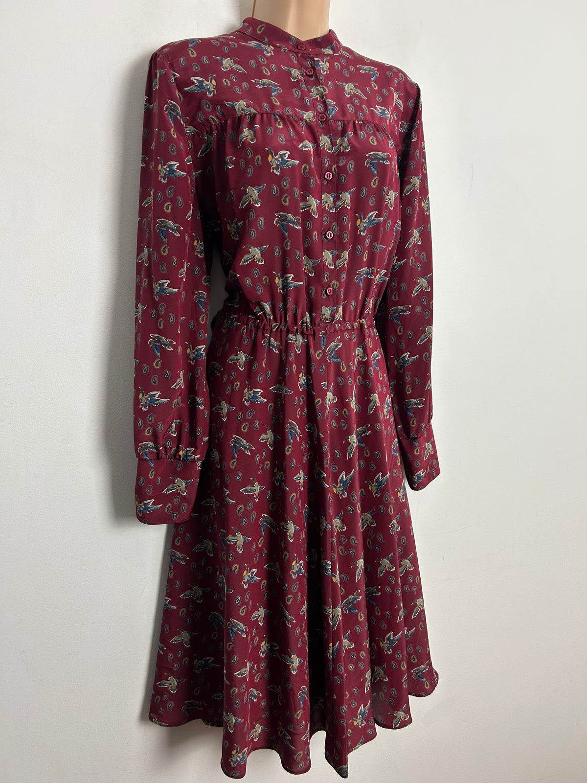 Vintage 1980s JEAN CLAIRE UK Size 14 Dark Red Novelty Duck & Paisley Print Long Sleeve Day Dress