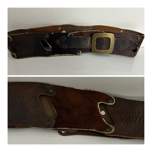 Vintage 1970s Real Leather & Hair On Hide Panels Western Cowgirl Wide Belt 32" Waist