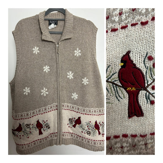 Vintage SOUTHERN LADY Size XL 16 Ramie Mix Beige Tones Bird Pattern Sleeveless Cardigan