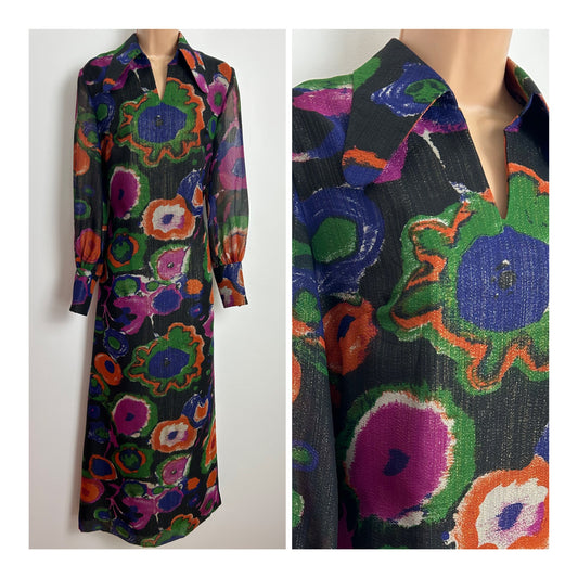 Vintage Late 1960s Size 12 Black Orange Pink Green Abstract Floral Print Shimmery Beagle Collar Maxi Dress