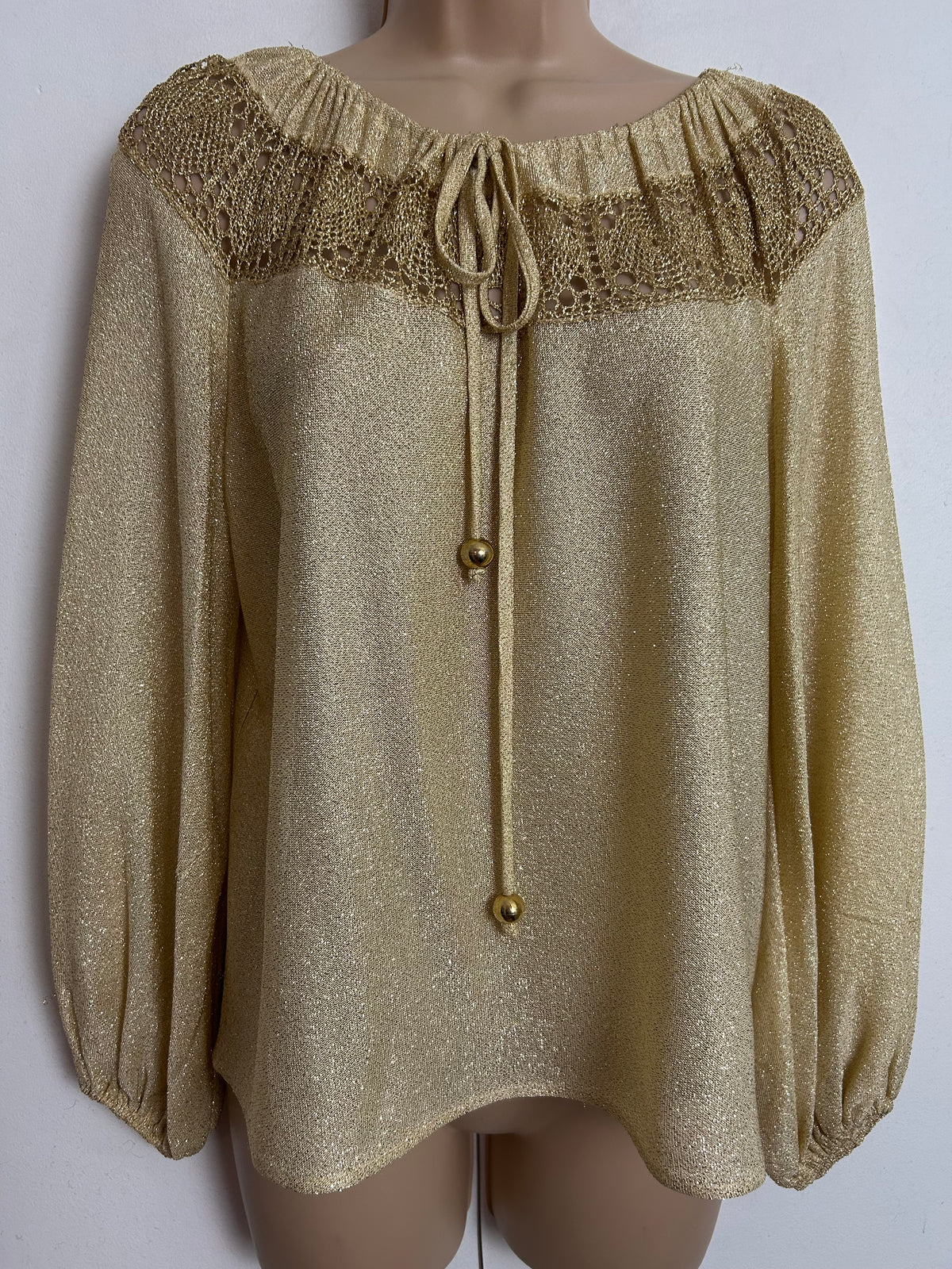 Vintage 1980s UK Size 14-16 Gold Lurex Crochet Panel Tie Neck Xmas Party Blouse
