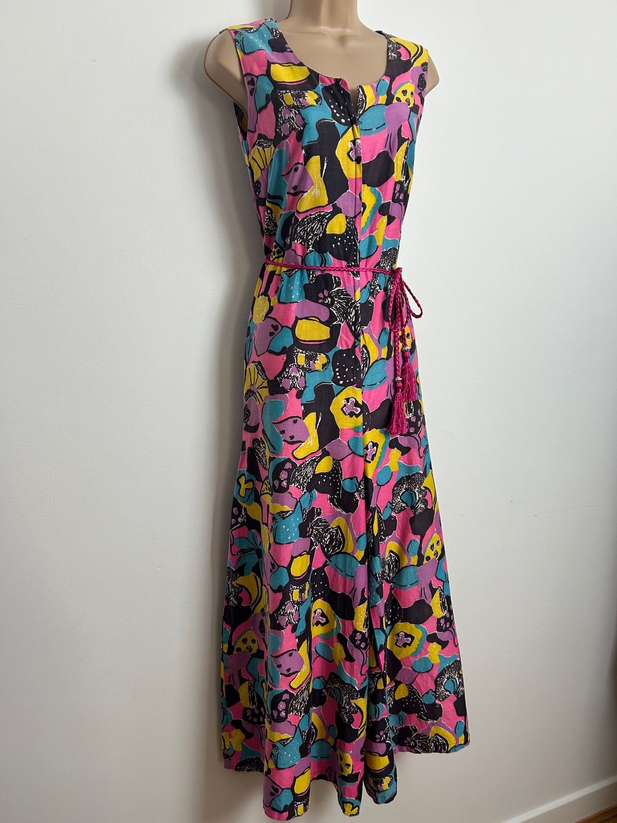 Vintage 1970s 12 Black Blue Yellow & Pink Psychedelic Floral Print Cotton Wide Leg Jumpsuit