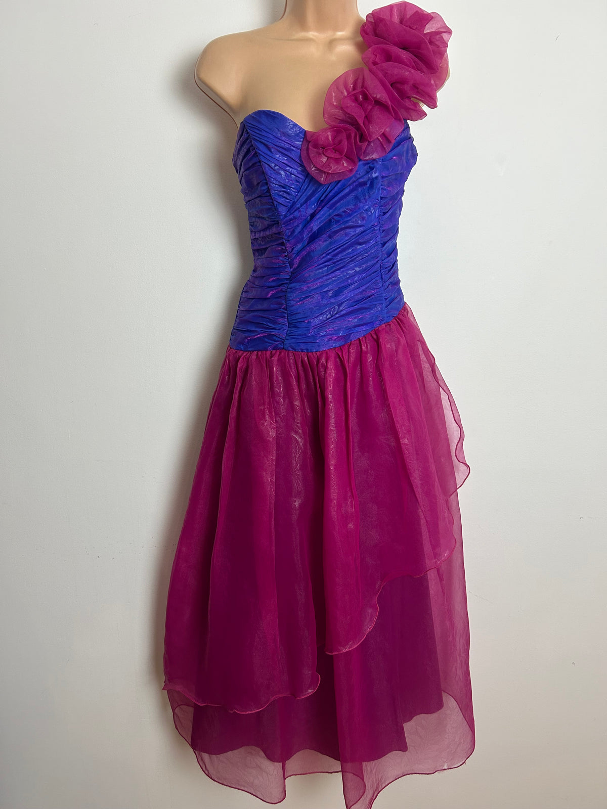 Vintage Extreme 1980s JAHN & PILL Size 10 Pink & Purple One Shoulder Party Prom Occasion Maxi Dress