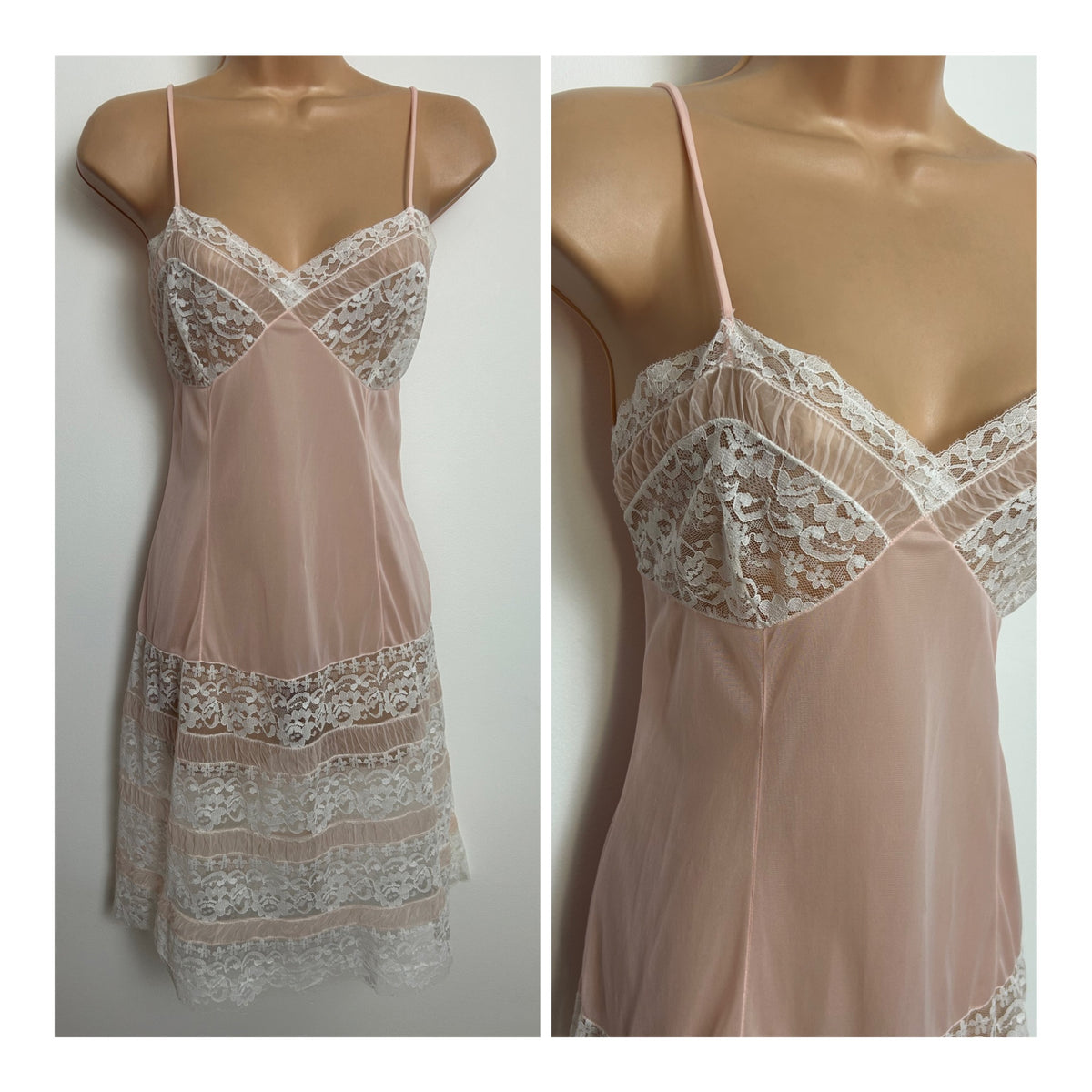 Vintage 1970s Size 8 Very Pale Nude Pink & White Lace Strappy Lace Nylon Slip