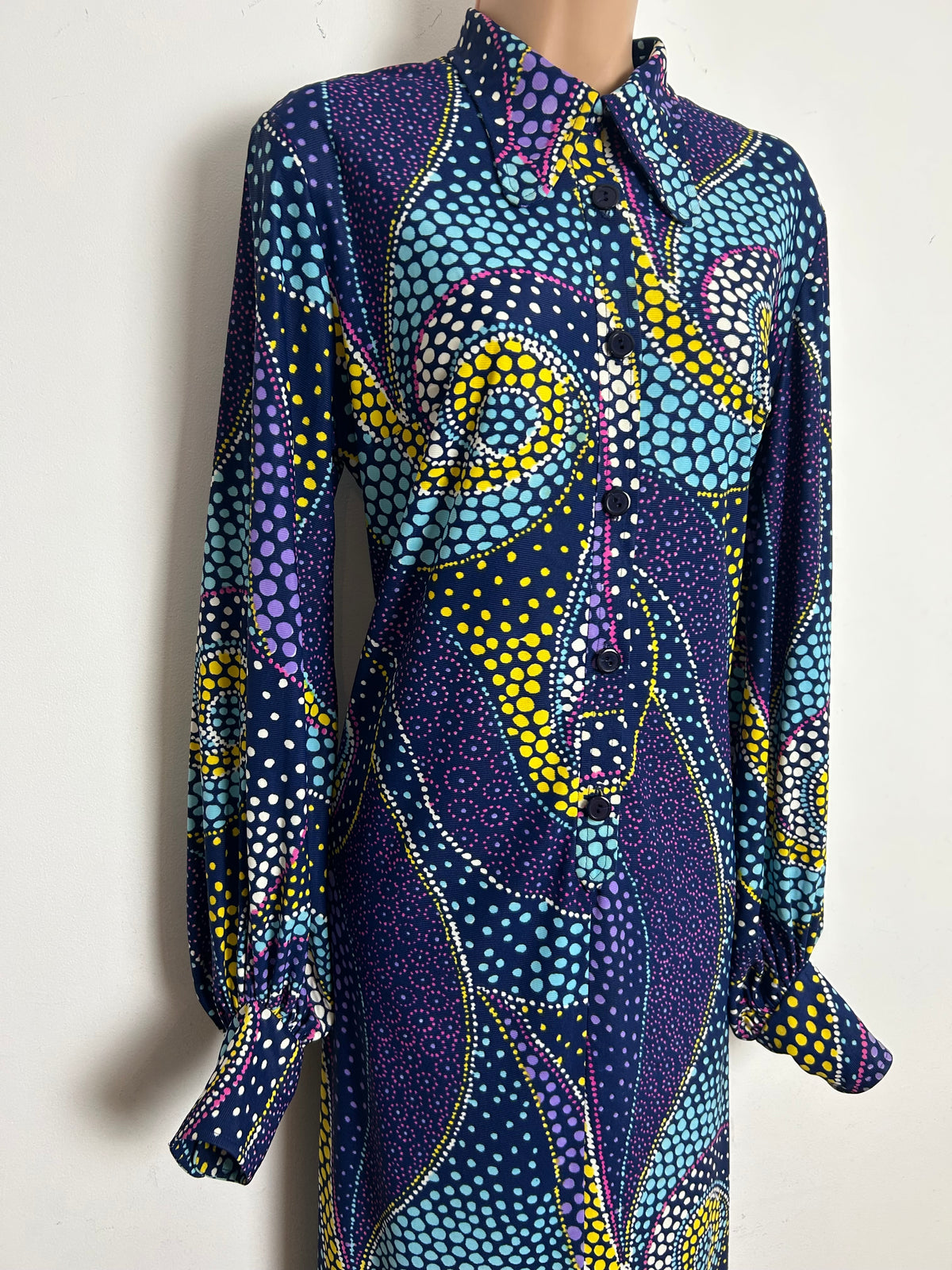 Vintage 1970s DELSWA Size 14-16 Navy Blue Multicoloured Spotty Paisley Print Balloon Sleeve Maxi Dress
