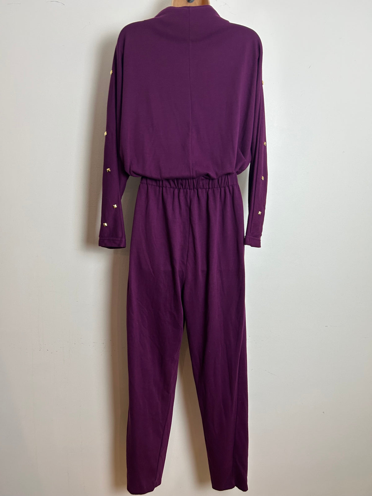 Vintage 1980s STYLES TO GO Size 10-12 Purple Jersey Stud Detail Zip Fronted Casual Jumpsuit