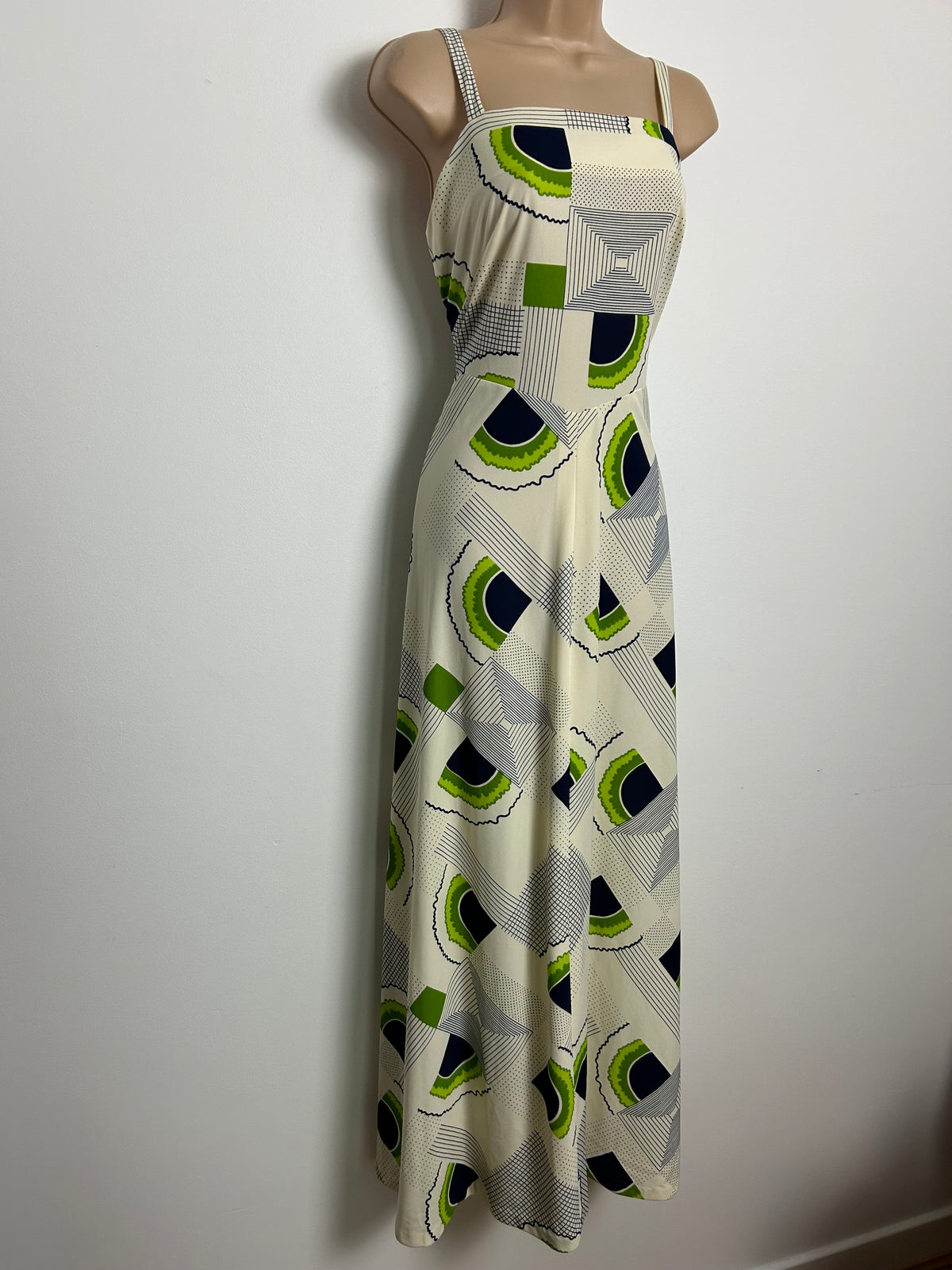 Vintage 1970s MARISA By Kitty Copeland Size 10-12 Cream Navy Blue & Green Abstract Print Dress & Matching Dagger Collar Open Fronted Shirt  Style Jacket