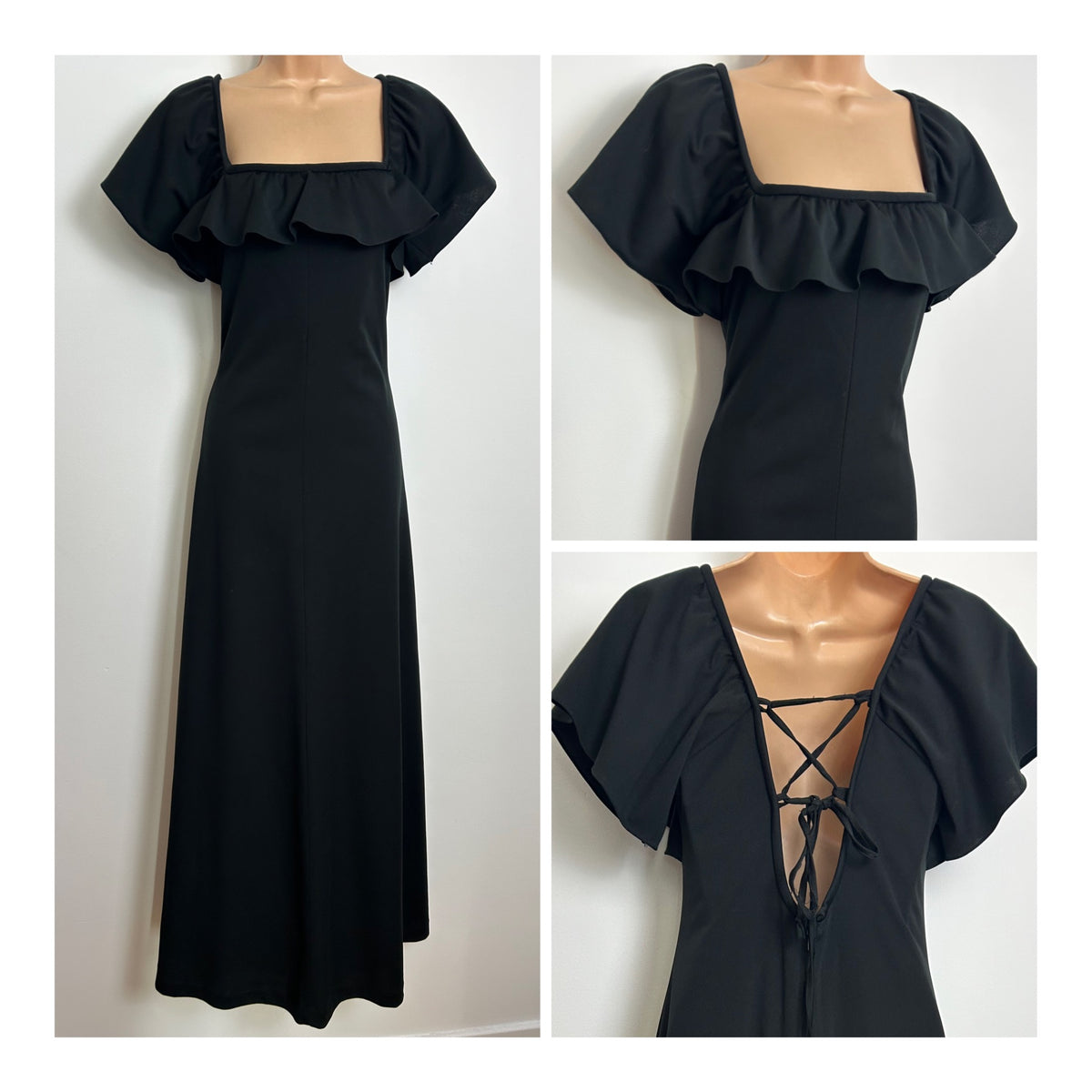 Vintage 1970s Size 6 Black Ruffle Trim Lace Up Back Boho Maxi Dress