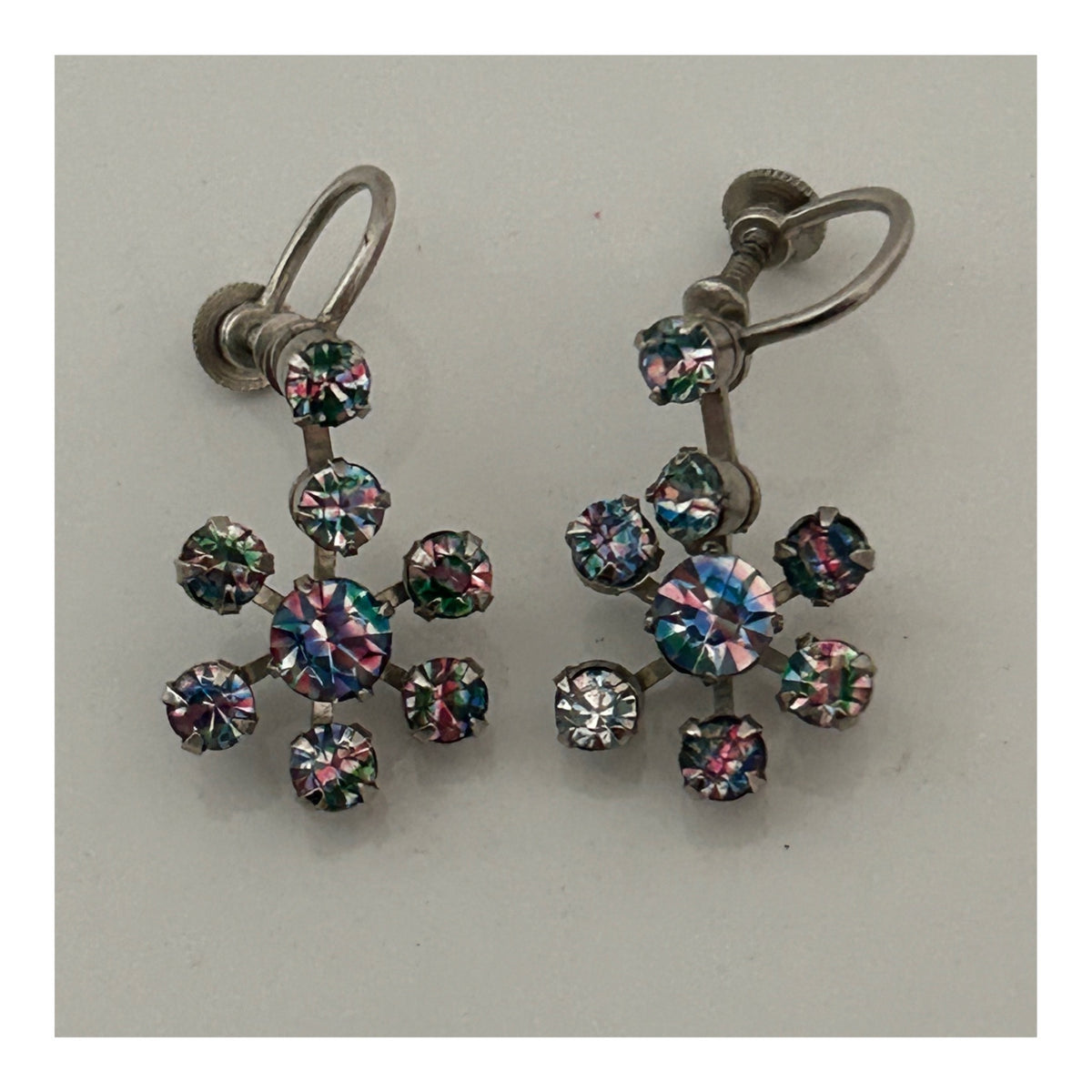 Vintage 1950s Silver Tone Rainbow Iris Glass Screw Back Flower Dangle Earrings
