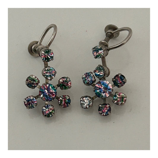 Vintage 1950s Silver Tone Rainbow Iris Glass Screw Back Flower Dangle Earrings