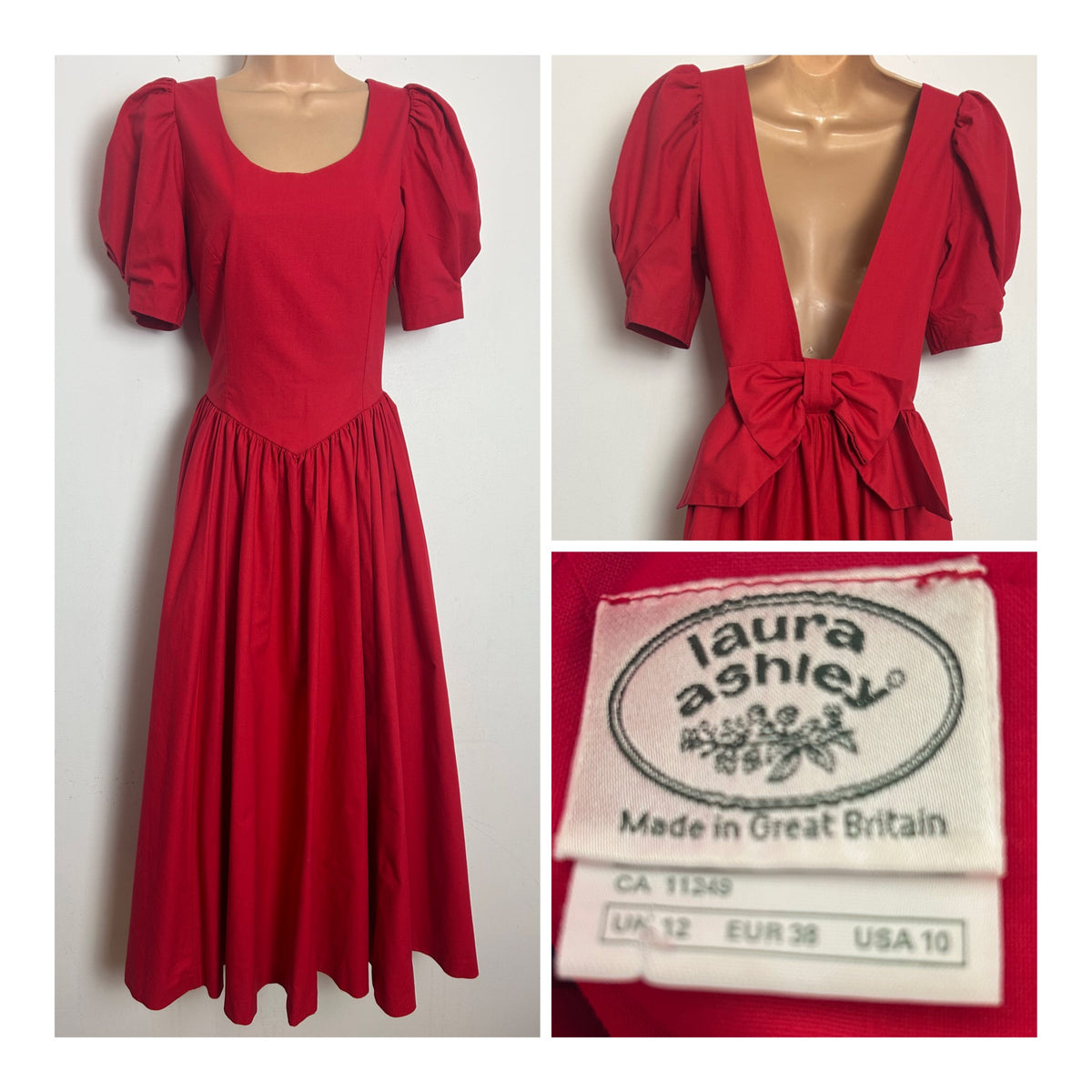 Vintage 1980s LAURA ASHLEY Size 10 (12 On Label) Red Open Bow Back Puff Sleeve Midi Occasion Gown