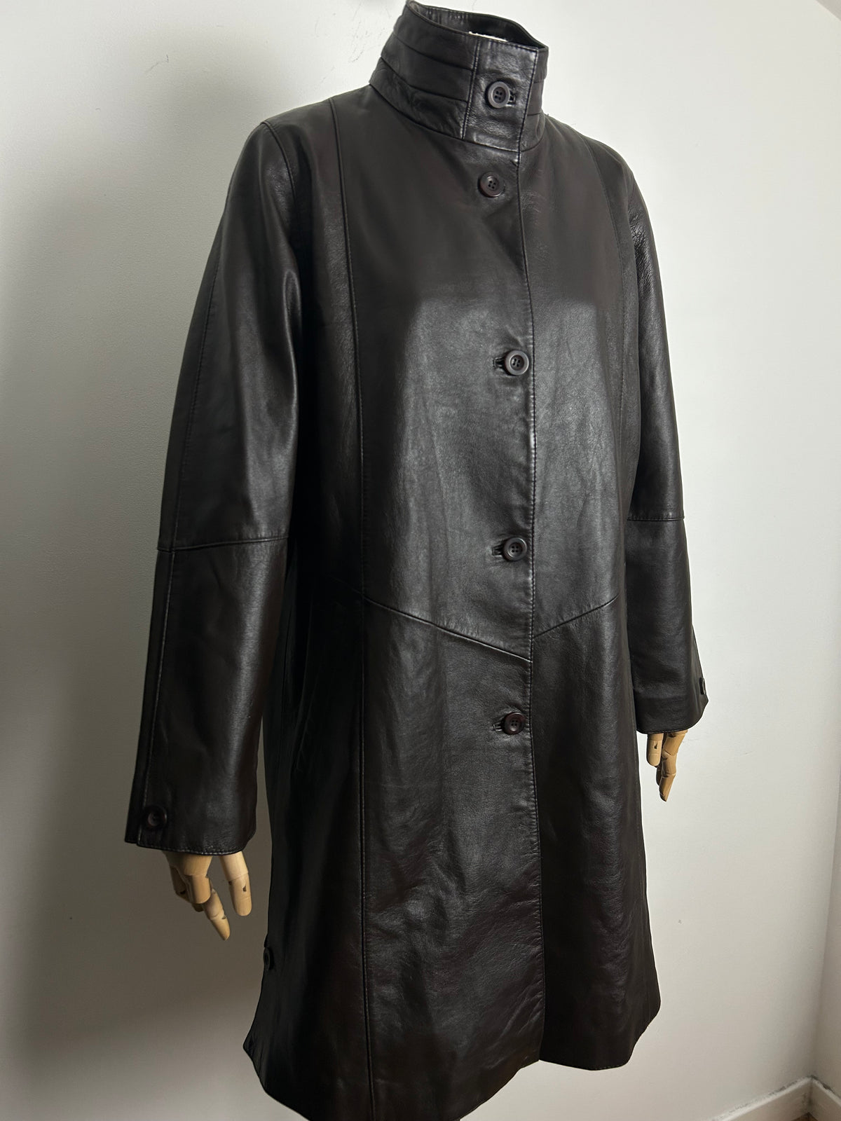 Vintage Late 1980s JULIA ROMA Size 12 Brown Leather Oversized Mid Length Coat