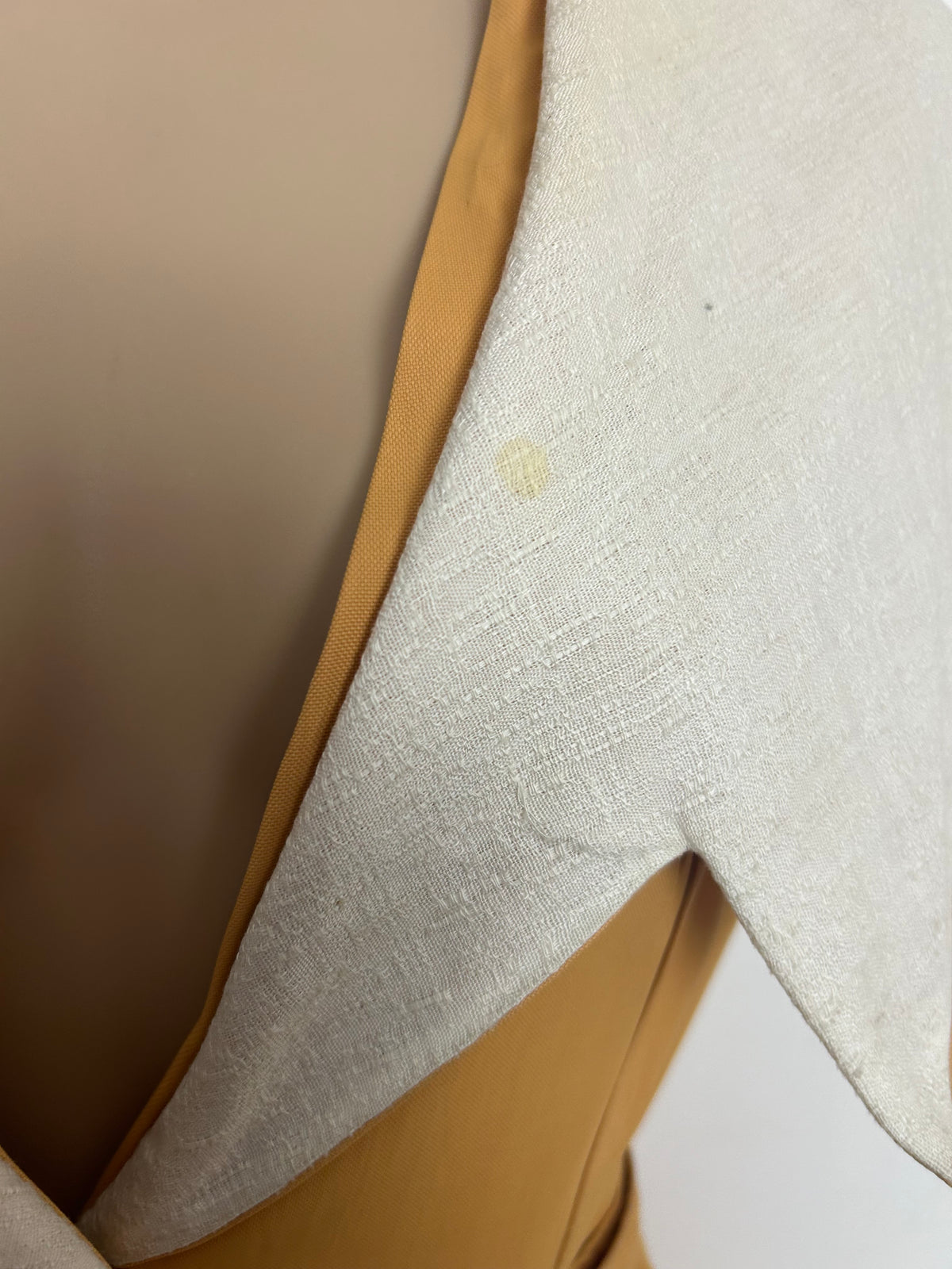 Vintage 1950s Size 12-14 Mustard & Cream Shawl Collar Belted Pleated Day Dress