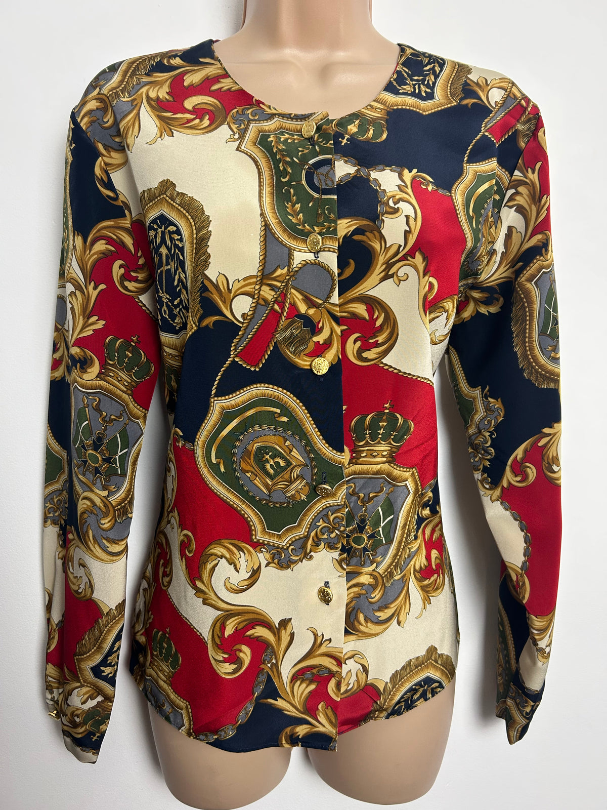 Vintage 1980s Size 12-14 Red Navy Blue Green & Gold Regal Regalia Print Long Sleeve Blouse