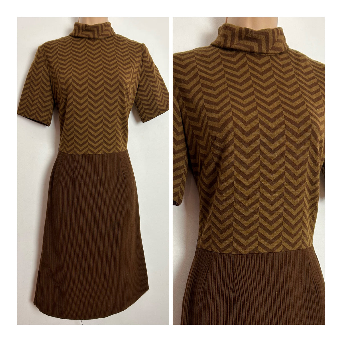 Vintage 1960s SHUBETTE OF LONDON UK Size 8 Brown Tones Wool Mix Zig Zag Stripe Mod Dress