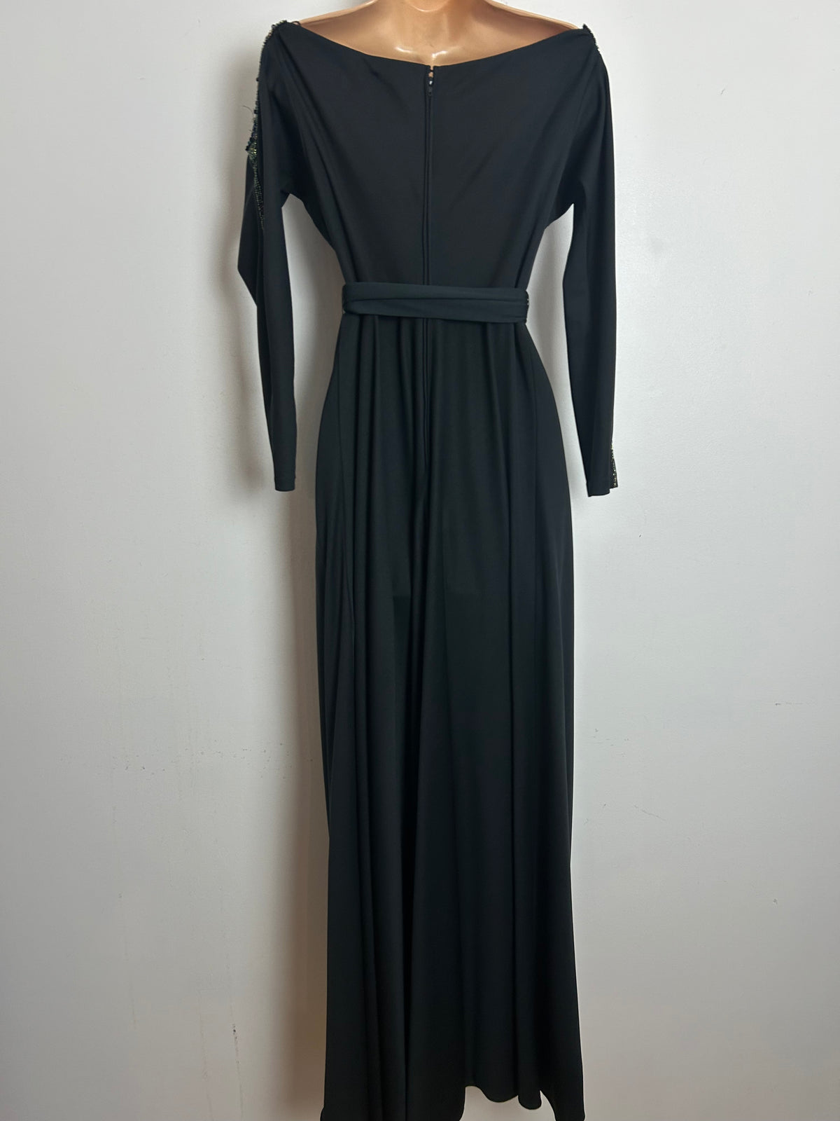 Vintage 1970s FRANK USHER Size 10 Black Bead & Sequin Detail Long Sleeve Belted Evening Maxi Dress