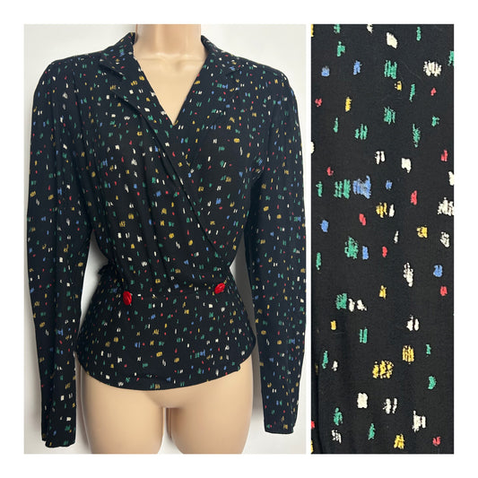 Vintage Late 1970s ELKONT Size 10 Black Multicolour Ditsy Print Long Sleeve Double Breasted Top