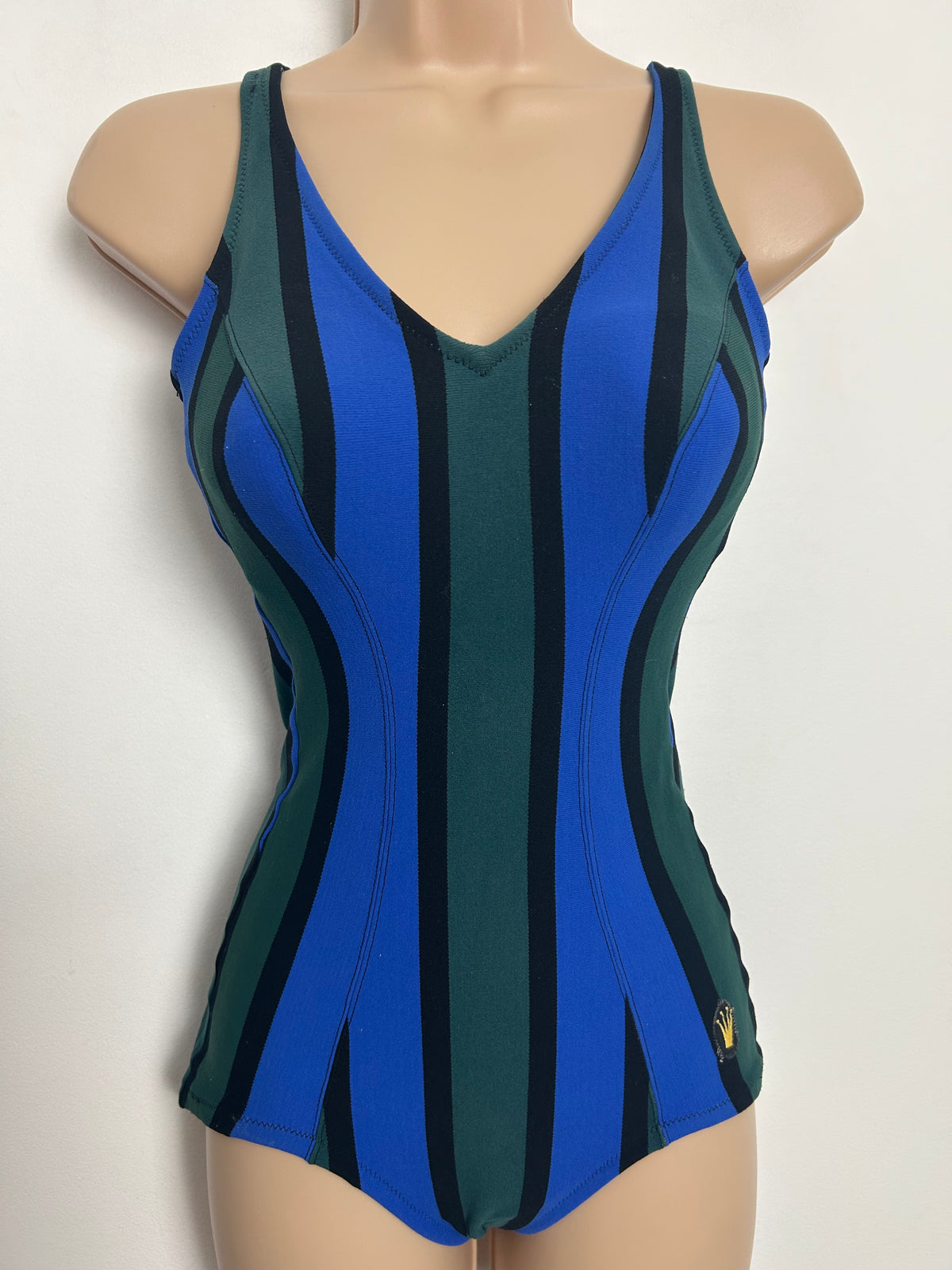 Vintage 1960s TRIUMPH Size 8 Blue & Green Stripe Print Moulded Cup Swimsuit