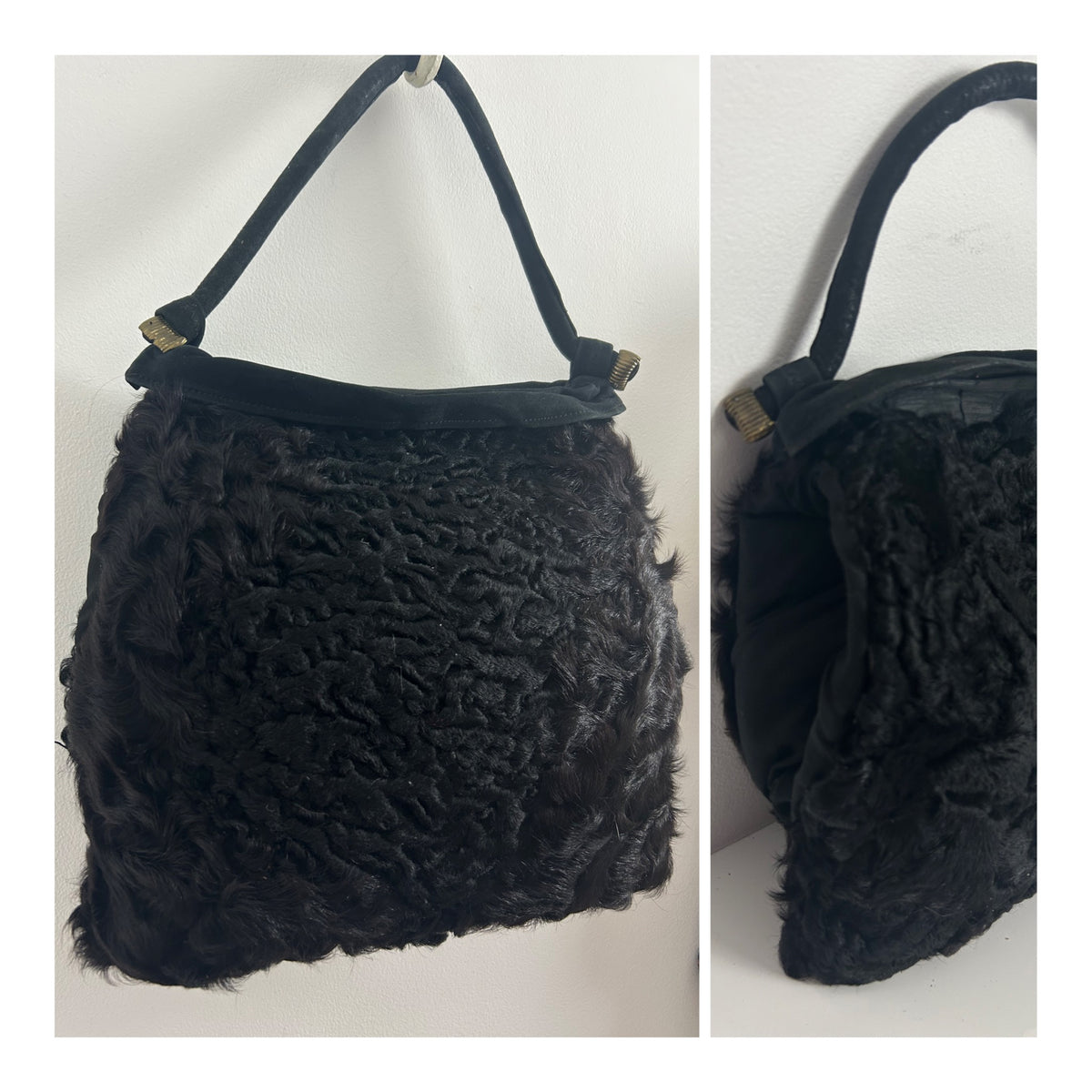 Vintage 1940s Black Persian Lamb & Suede Muff Handwarmer Handbag