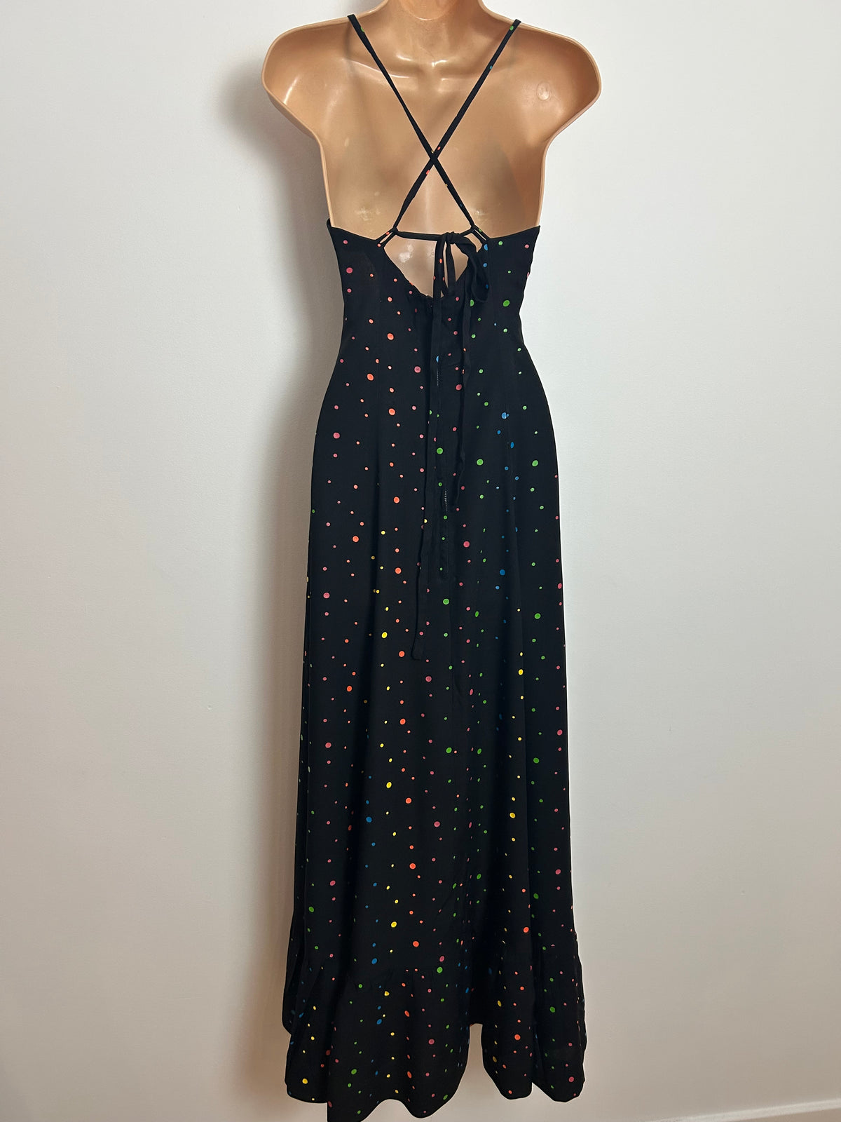Vintage 1970s DOMINO-D Size 6-8 Black & Multicolour Spot Print Halterneck Maxi Dress
