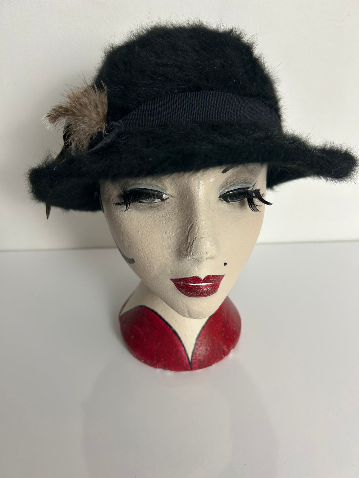 Vintage Black Soft Angora Wool Feather Detail Trilby Style Hat