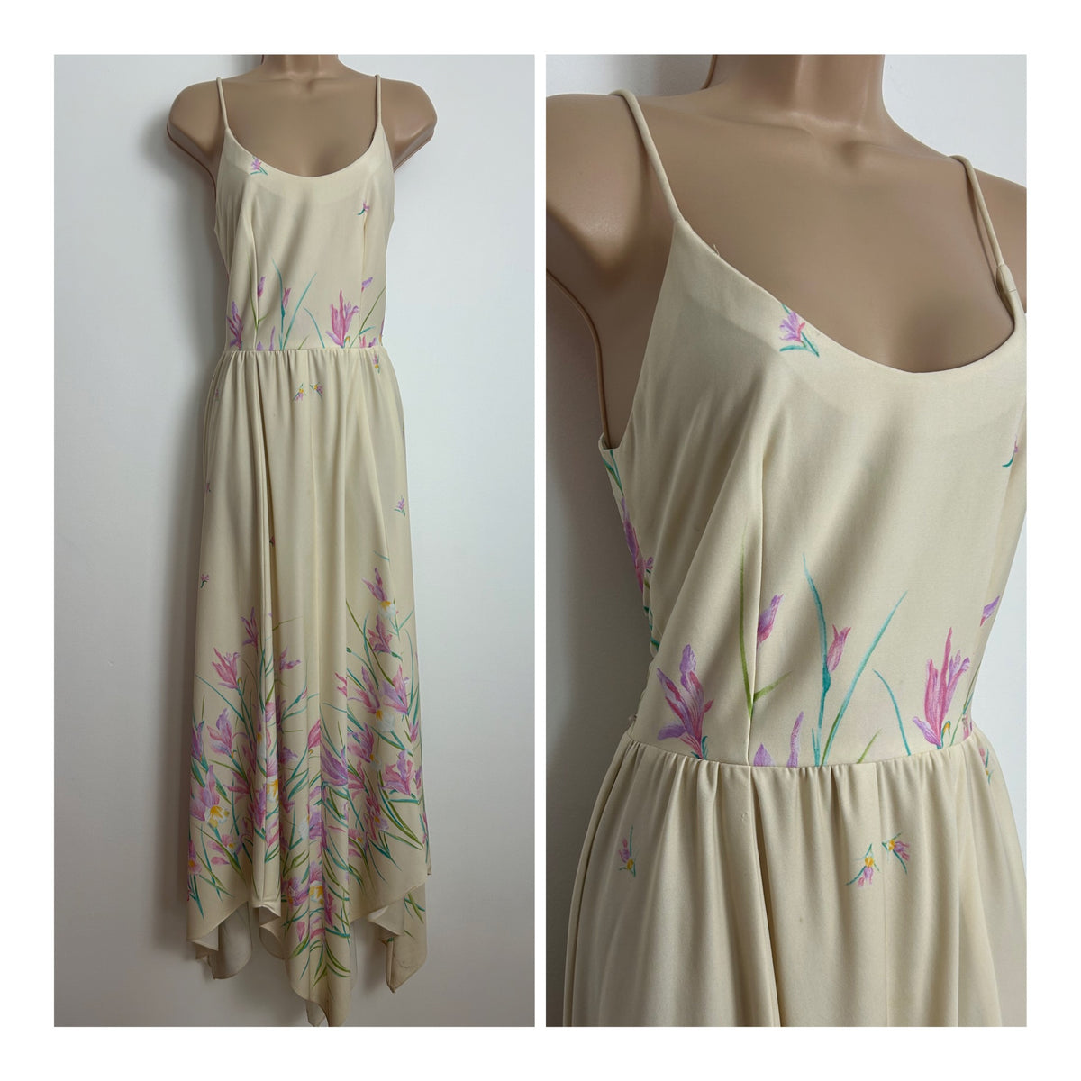Vintage 1970s Size 6-8 Cream & Pink Iris Print Strappy Handkerchief Hem Summer Maxi Dress