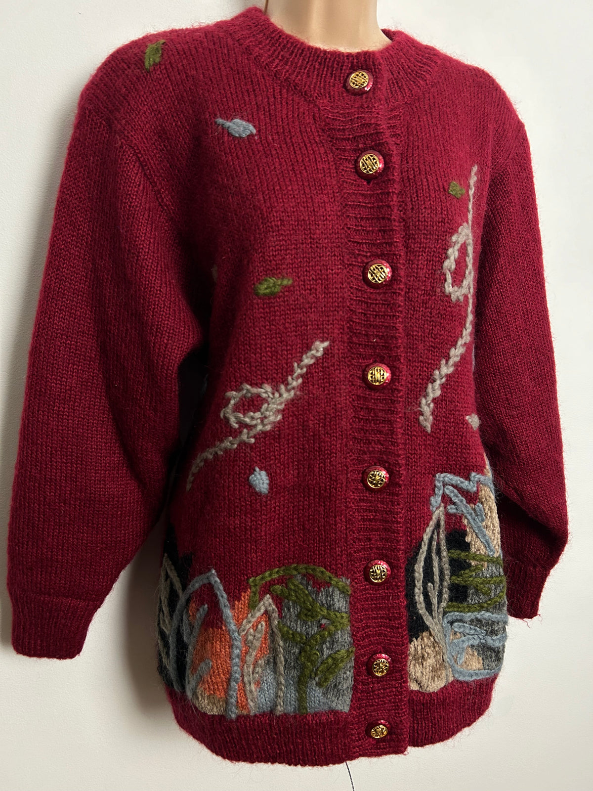 Vintage 1980s Up To Size 16 Dark Red & Grey Wool Embroidered Leaf Pattern Chunky Cardigan
