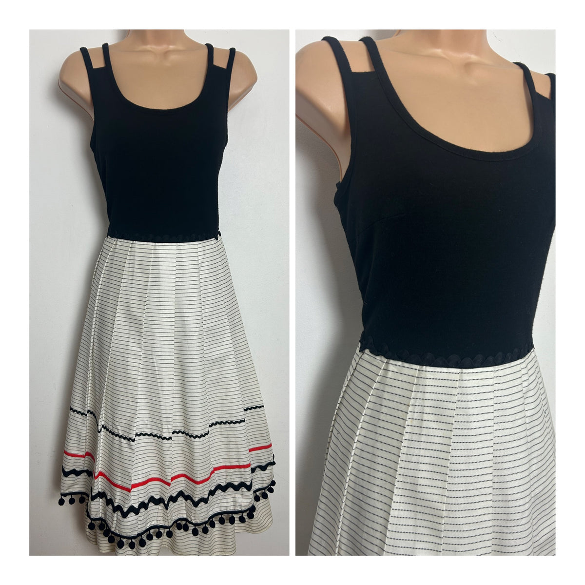 Vintage 1970s IAN PETERS Size 10-12 Black & Cream Ric Rac & Pom Pom Trim Pleated Dress