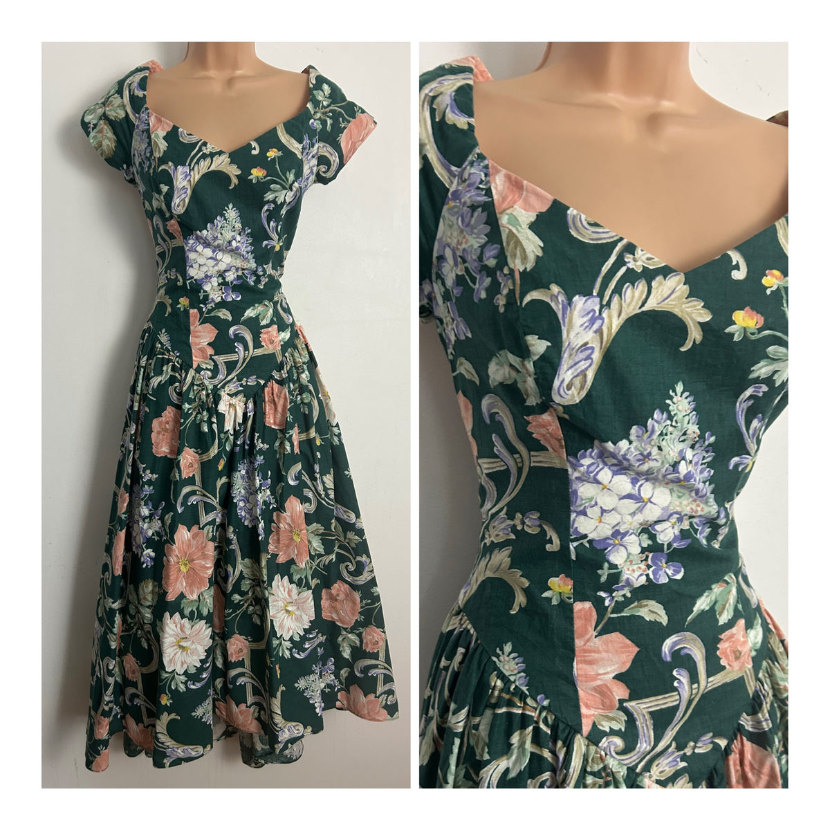 American Vintage 1980s LORALIE Size 8-10 Dark Green Coral & Violet Floral Print Cotton Dipped Hem Occasion Dress