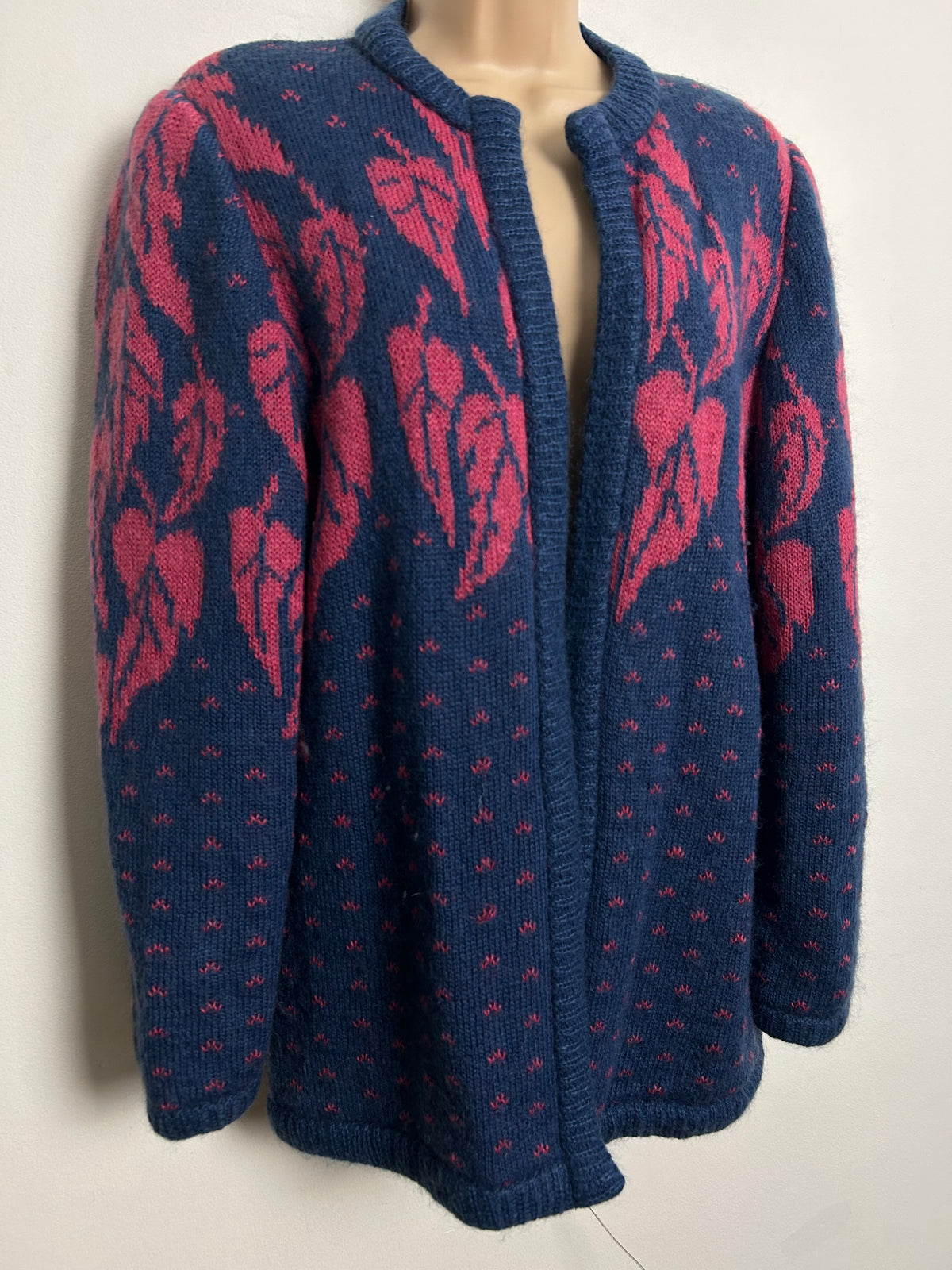 Vintage 1980s ESCADA Up To Size 16 KID MOHAIR Blue & Pink Leaf Print Open Fronted Long Sleeve Cardigan