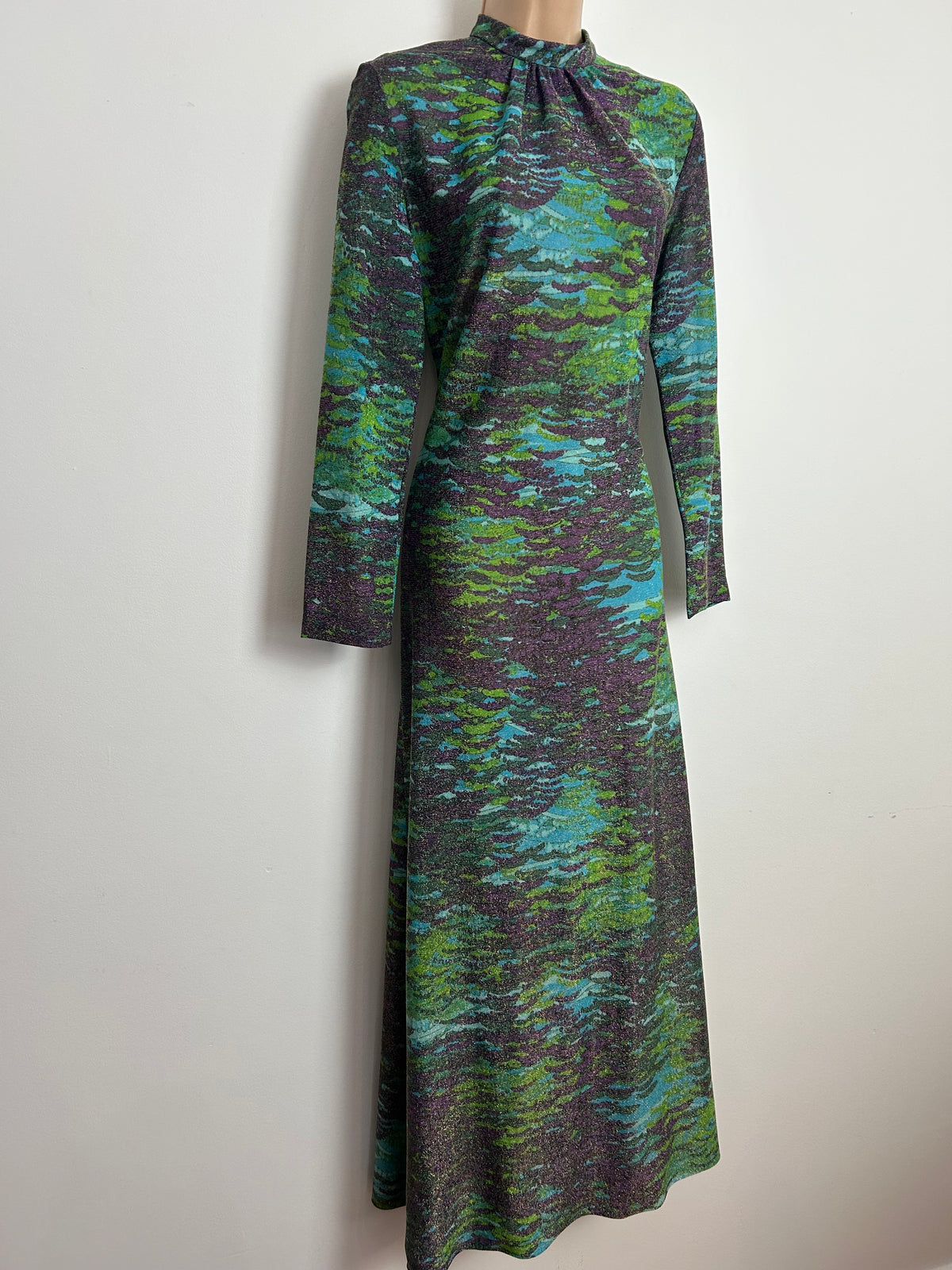 Vintage 1970s EASTEX Size 10-12 Green Purple & Turquoise Abstract Print Lurex Shimmery Occasion Maxi Dress