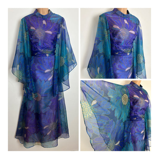 Vintage 1960s CARNEGIE OF LONDON Size 12 Blue TONES Floral Print Very Wide Flared Sleeve Occasion Maxi Dress