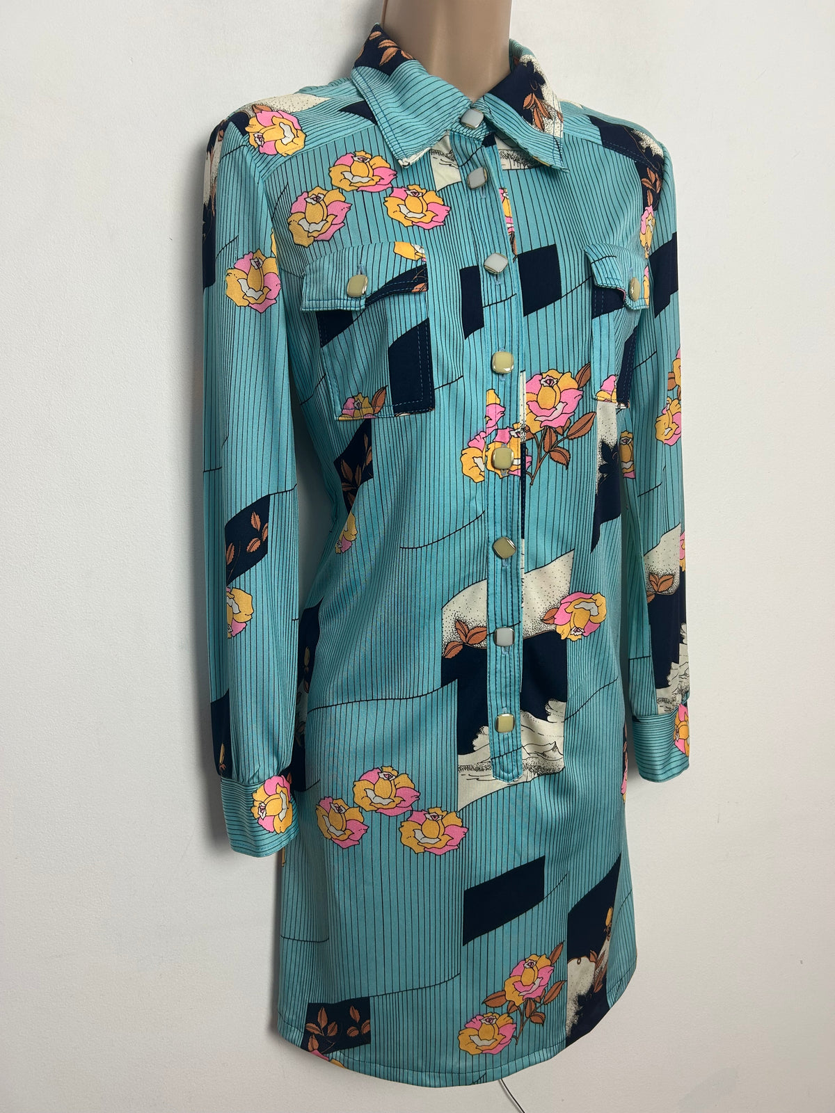 Vintage 1970s UK Size 10 Blue Pink White & Sandy Beige Floral & Stripe Print Long Sleeve Mod Dress