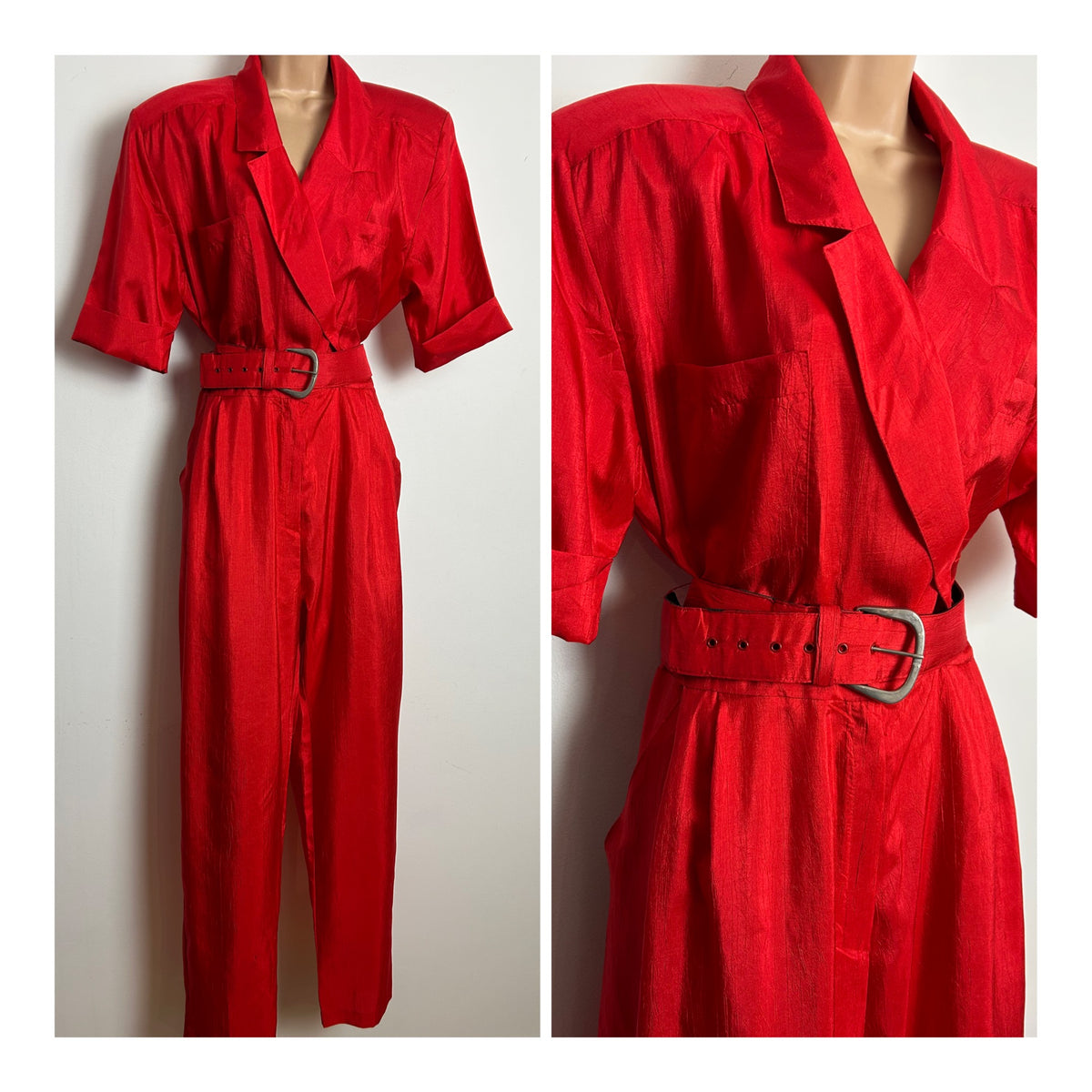 Vintage 1980s JOAN WALTERS Size 14 Red Short Sleeve Chest Pockets Belted Tapered Leg Jumpsuit