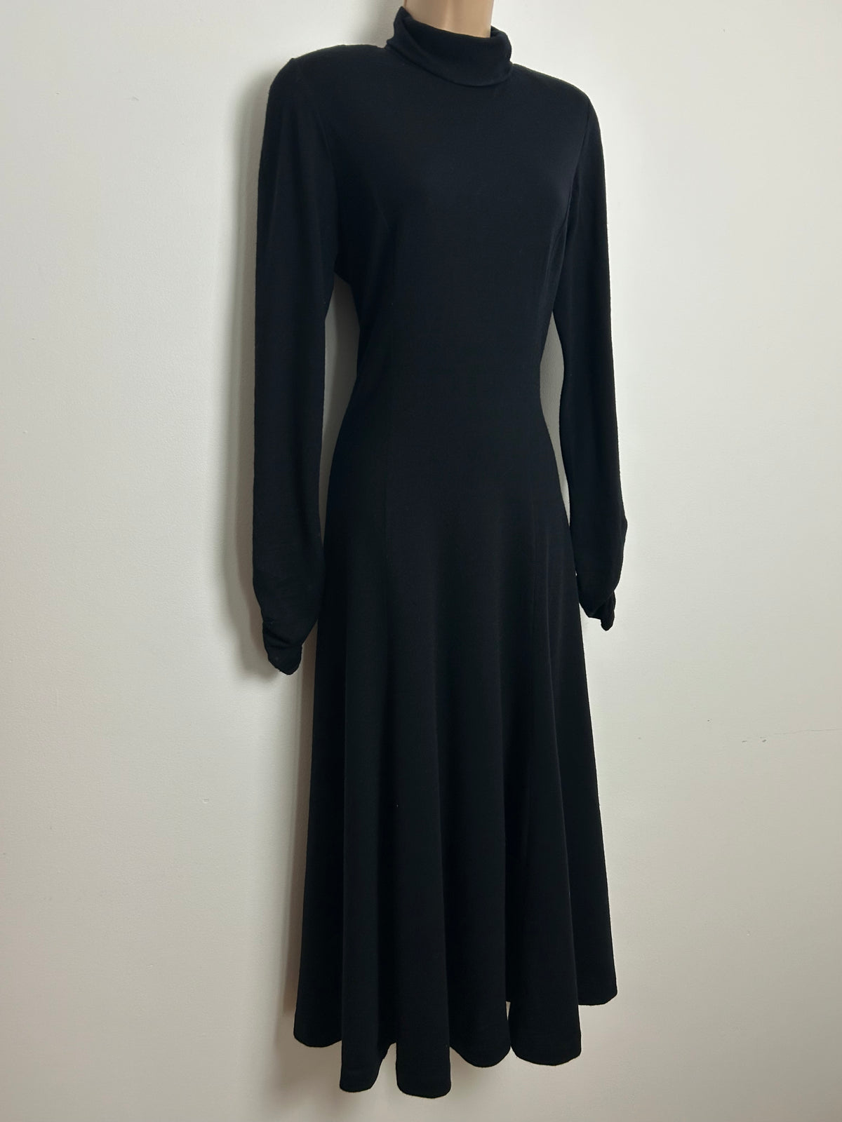 Vintage 1980s LAURA ASHLEY Size 10 Black 100% Wool Jersey Roll Neck Long Sleeve Midi Dress