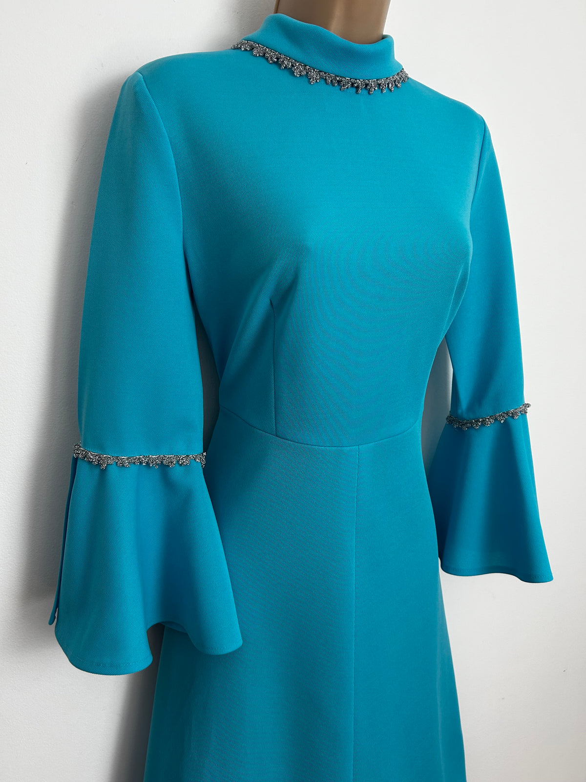 Vintage 1970s Size 8-10 Turquoise & Silver Braid Trim Flared Cuff Fit & Flare Occasion Dress