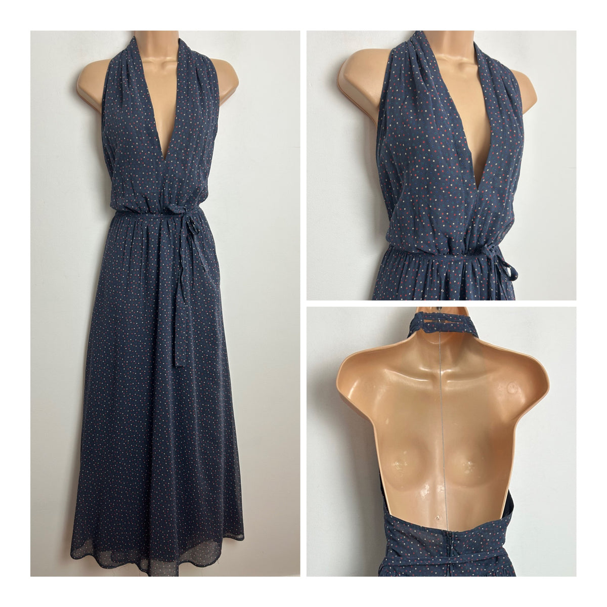 Vintage 1970s NUMBER FIVE Size 10 Dark Grey Red Polka Dot Halter Belted Summer Maxi Dress (Copy)