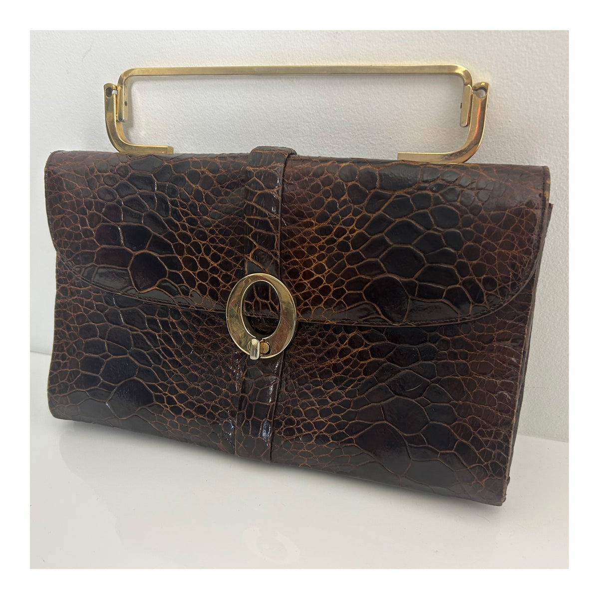 Vintage 1960s Gorgeous Mexican OTTO BULER G Brown Turtle Skin Gold Handle Handbag