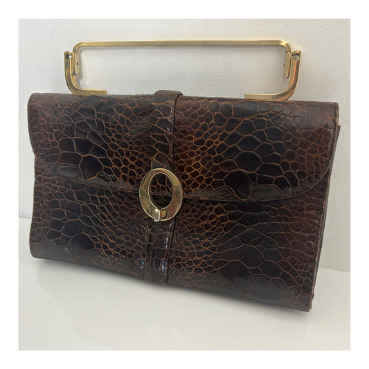 Vintage 1960s Gorgeous Mexican OTTO BULER G Brown Turtle Skin Gold Handle Handbag