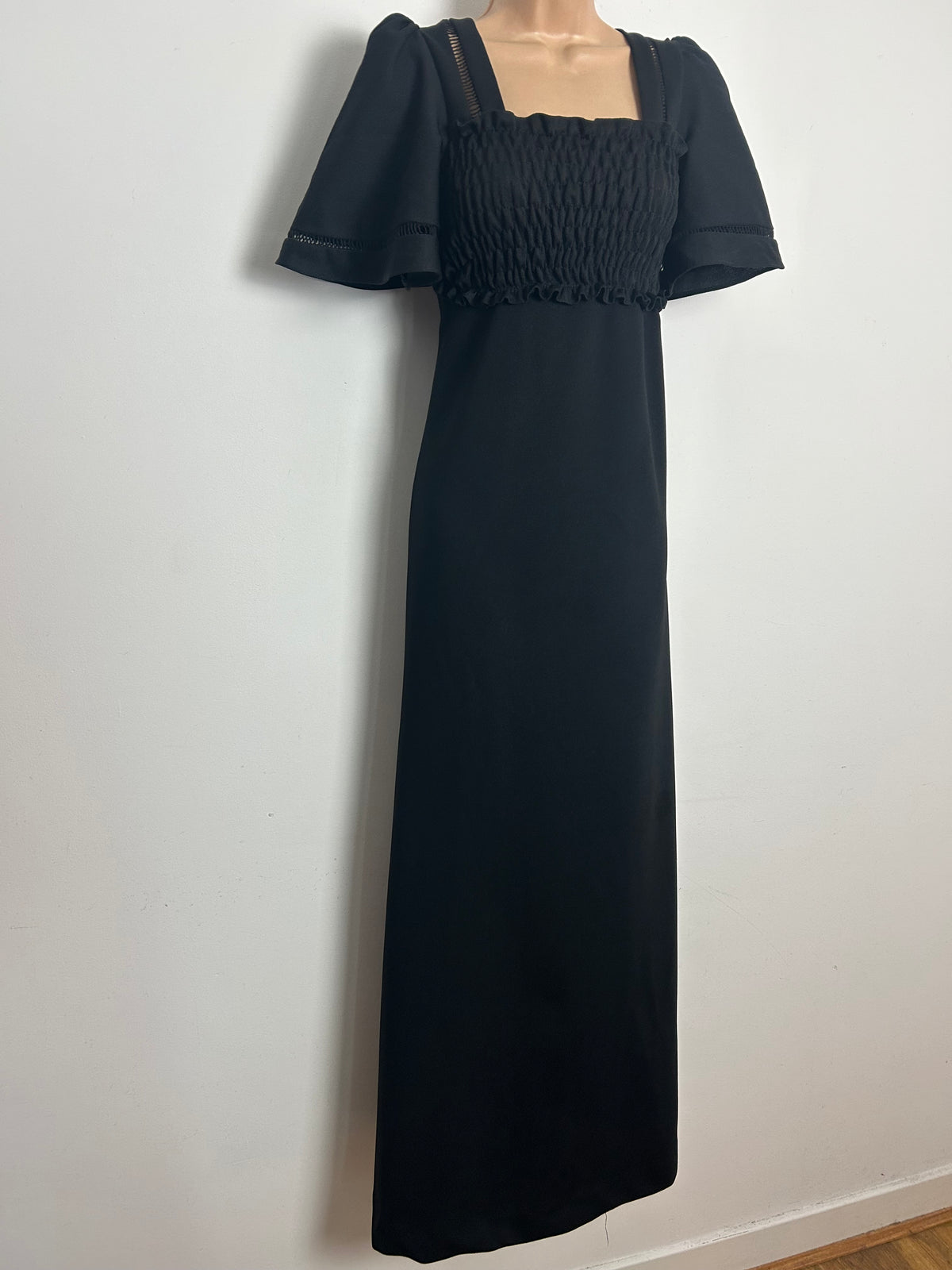 Vintage 1970s Size 10-12 Black Shirred Bodice Ladder Lace Detail Maxi Dress