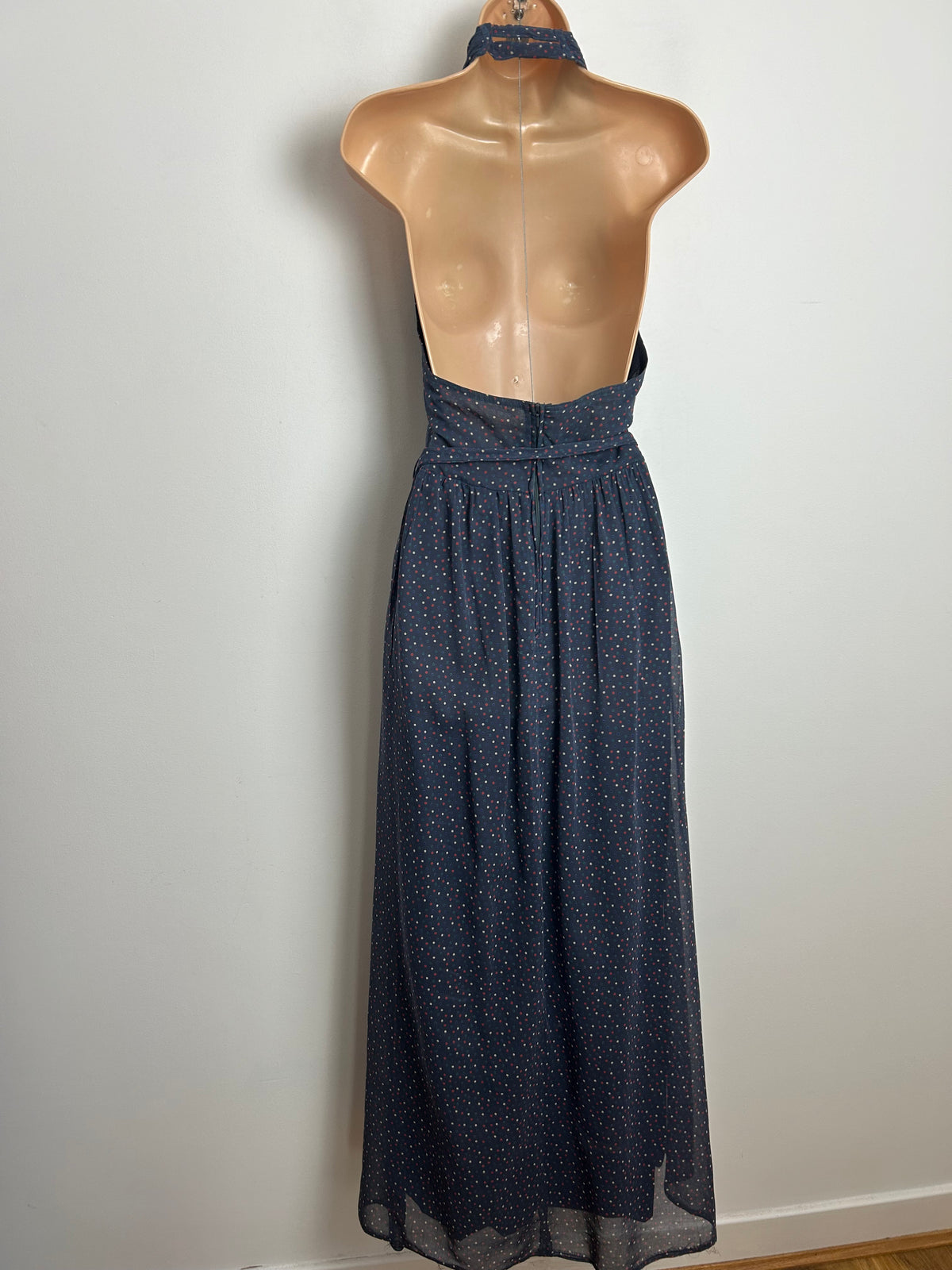 Vintage 1970s NUMBER FIVE Size 10 Dark Grey Red Polka Dot Halter Belted Summer Maxi Dress (Copy)