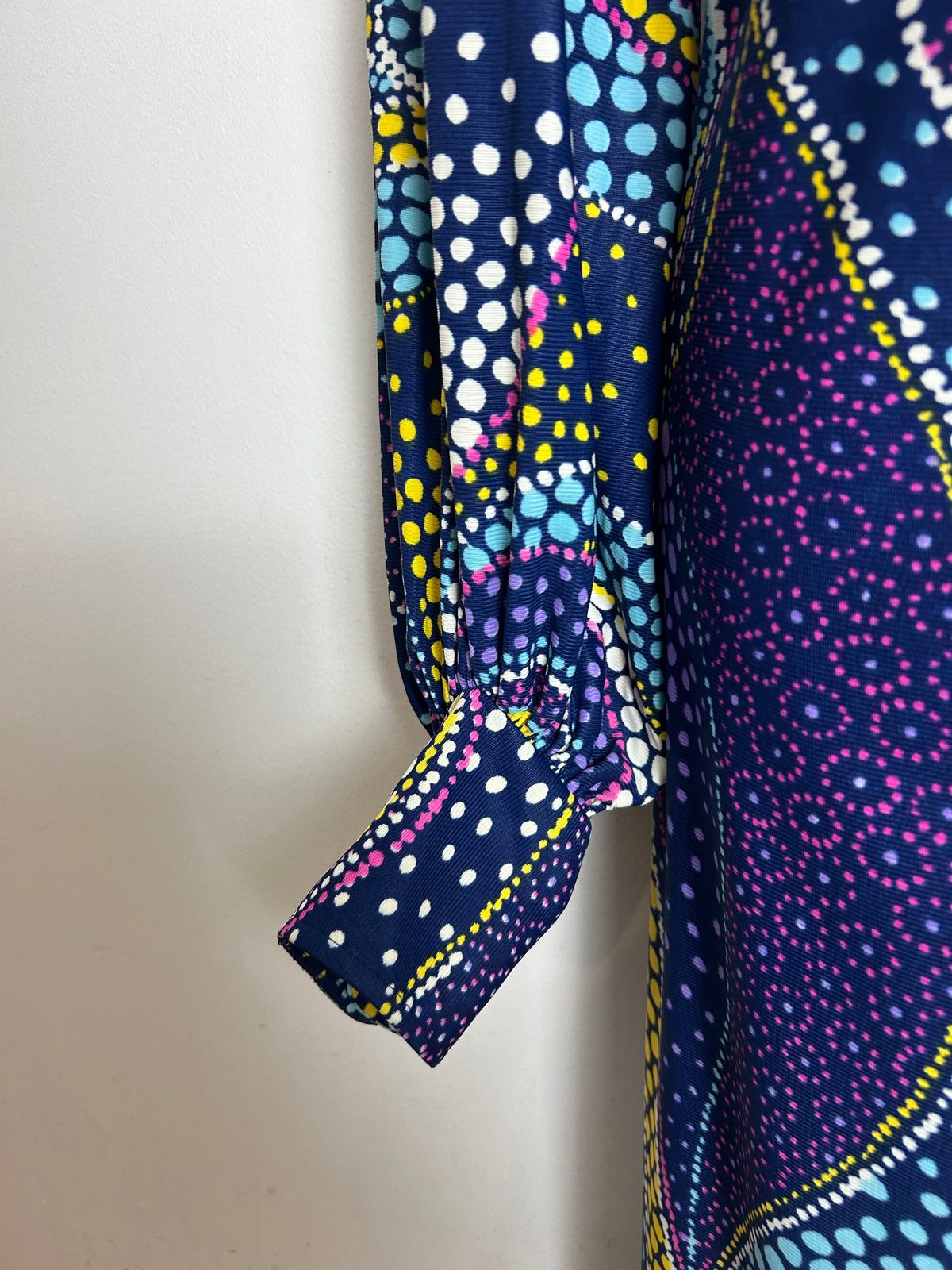 Vintage 1970s DELSWA Size 14-16 Navy Blue Multicoloured Spotty Paisley Print Balloon Sleeve Maxi Dress