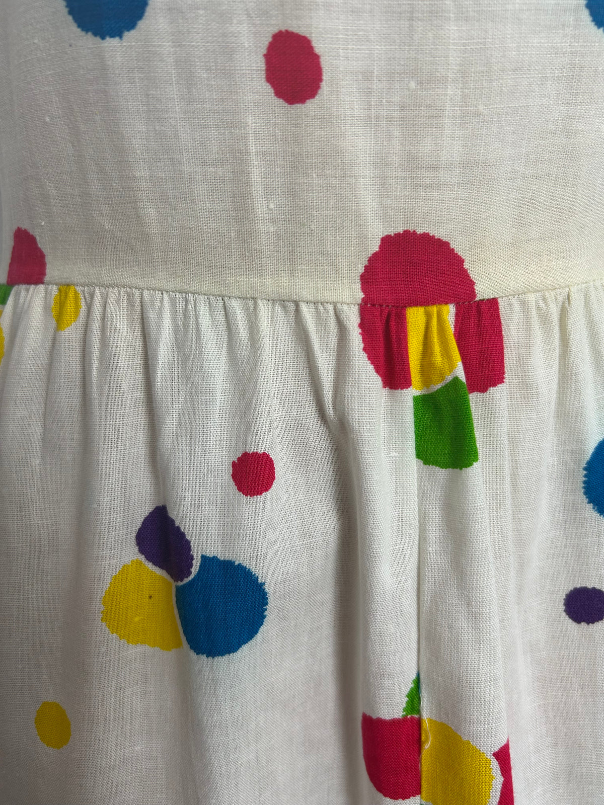 Vintage Early 1980s Size 6-8 White Yellow Pink Green & Blue Spotty Print Cotton Summer Day Dress