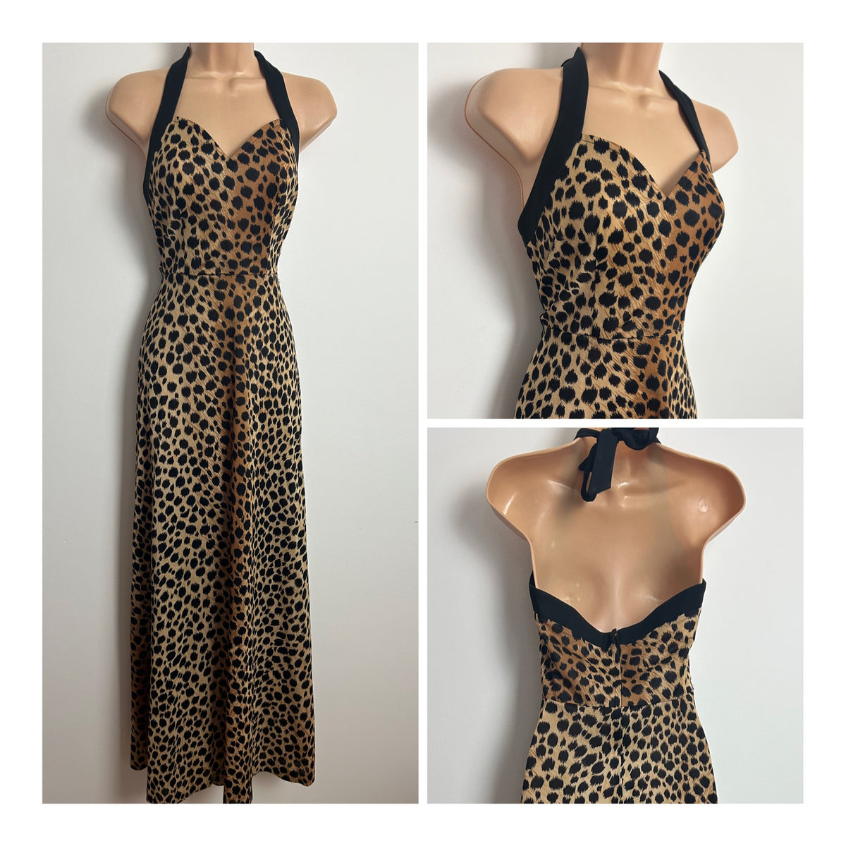 Vintage 1970s WINCHESTER Size 8 Tan & Black Leopard Print Halter Neck Maxi Dress