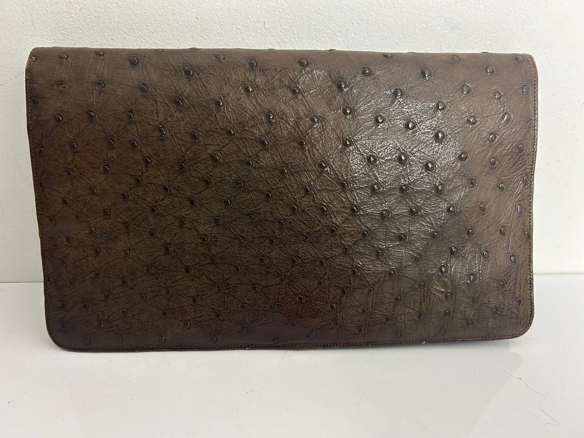 Vintage 1950’s Large Brown Ostrich Leather Clutch Bag With Hand Strap To The Back