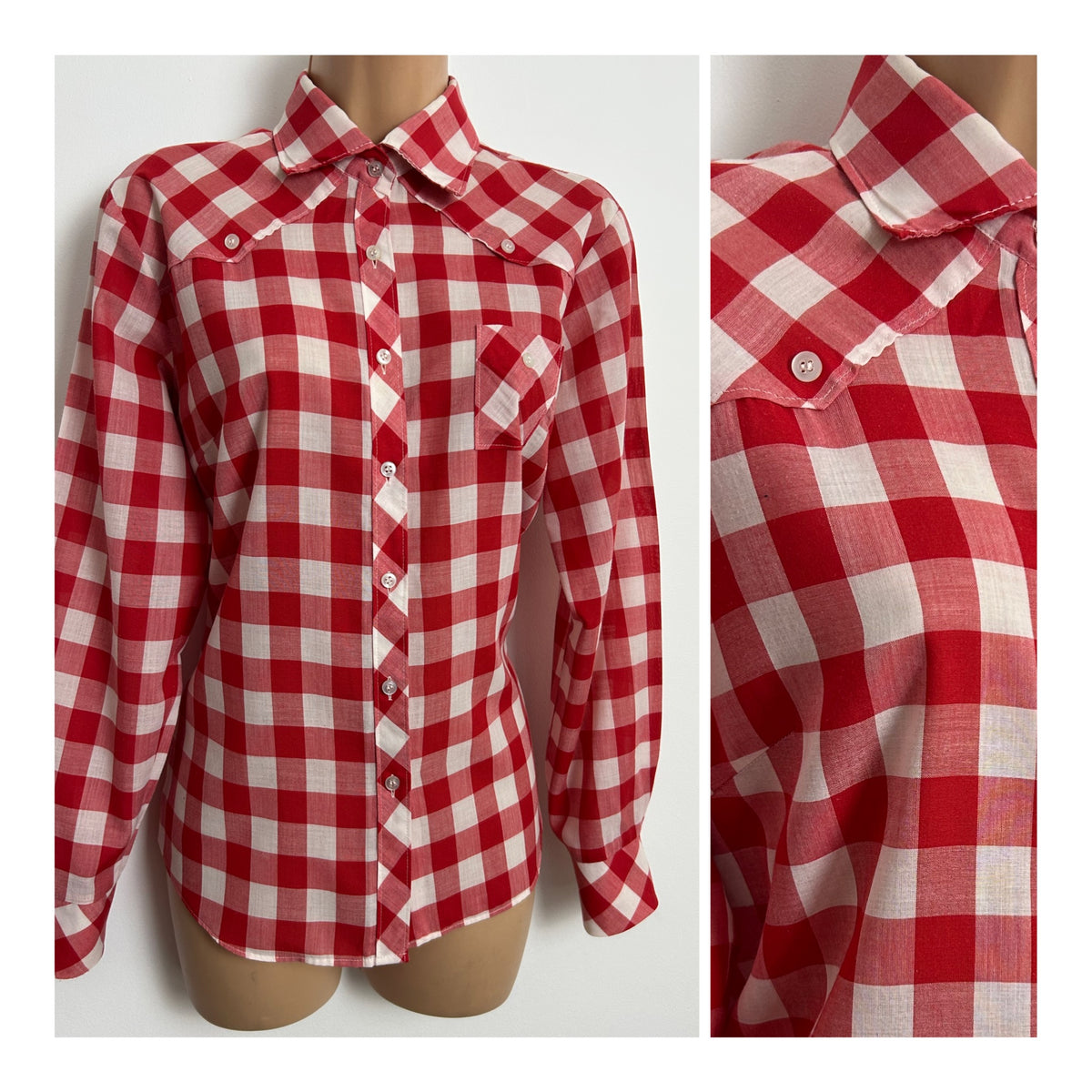 Vintage 1970s Size 14-16 Red & White Check Print Cotton Mix Long Sleeve Shirt