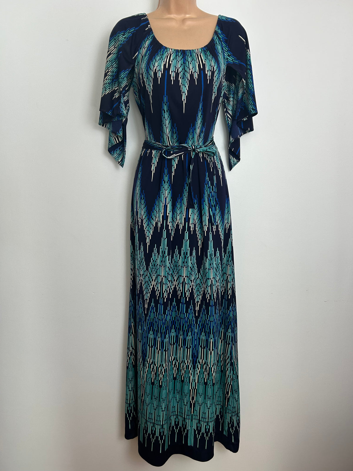 Vintage 1970s BILYTIS PARIS Size 8 Navy Turquoise & White Dash Stripe Print Mid Sleeve Maxi Dress