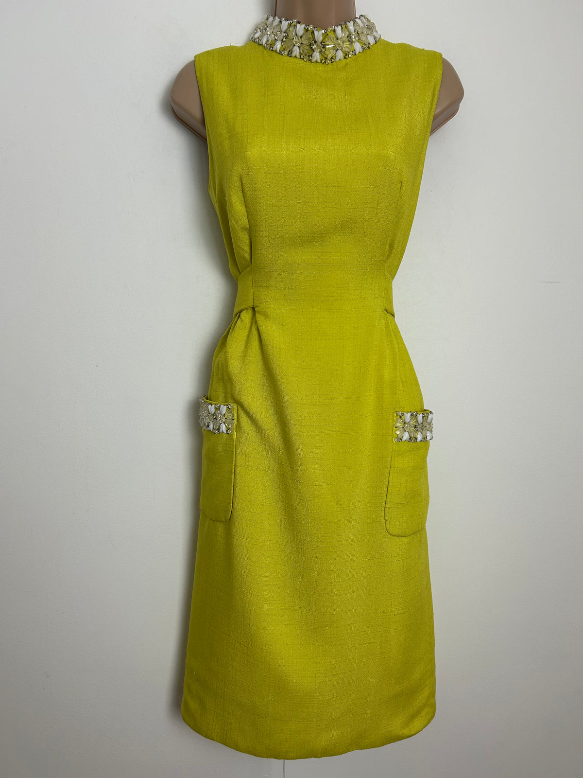 Vintage 1960s DYNASTY INTERNATIONAL Size 10  Chartreuse Bead Embellished Mod Special Occasion Party Dress