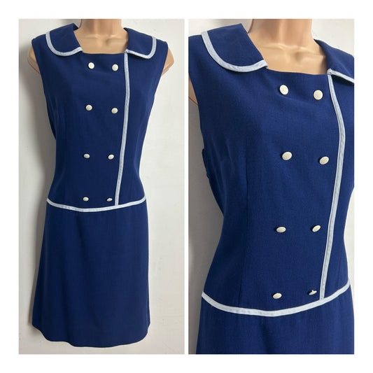 Vintage Early 1970s CONTESA Size 10-12 Navy Blue Sleeveless Double Breasted Mod Shift Dress